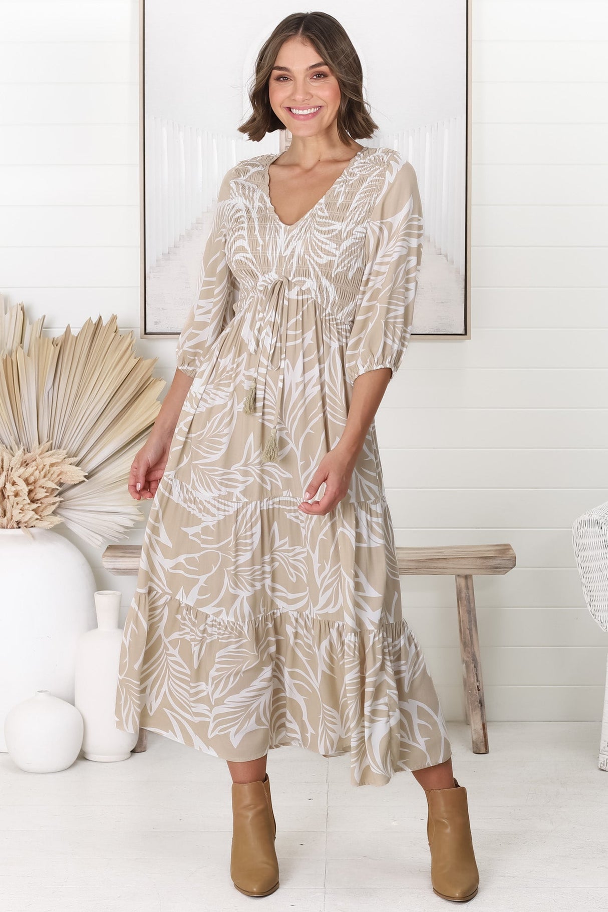 Jaden Midi Dress - Elasticated Bodice A-Line Dress in Jeani Print Beige