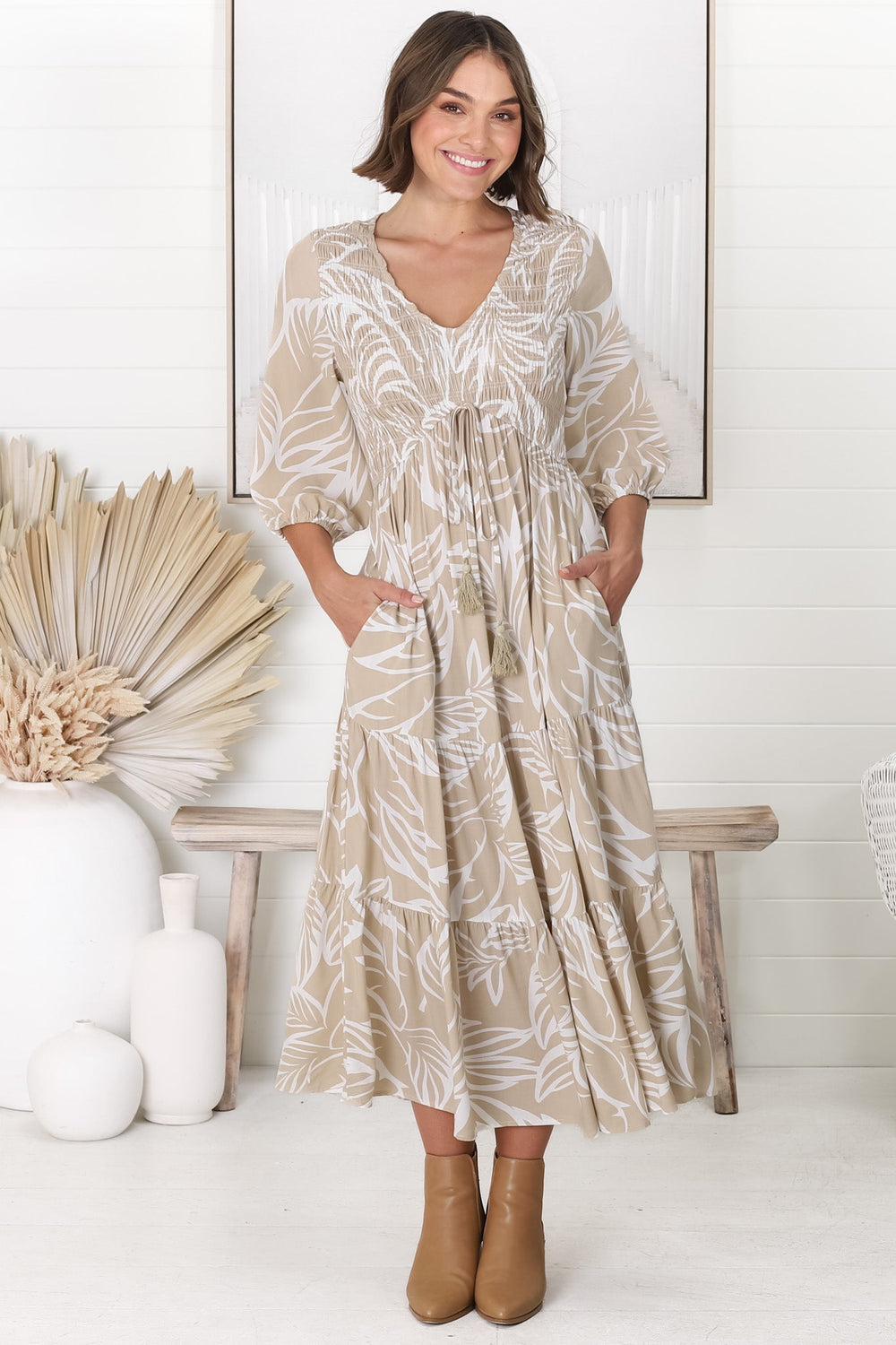 Jaden Midi Dress - Elasticated Bodice A-Line Dress in Jeani Print Beige