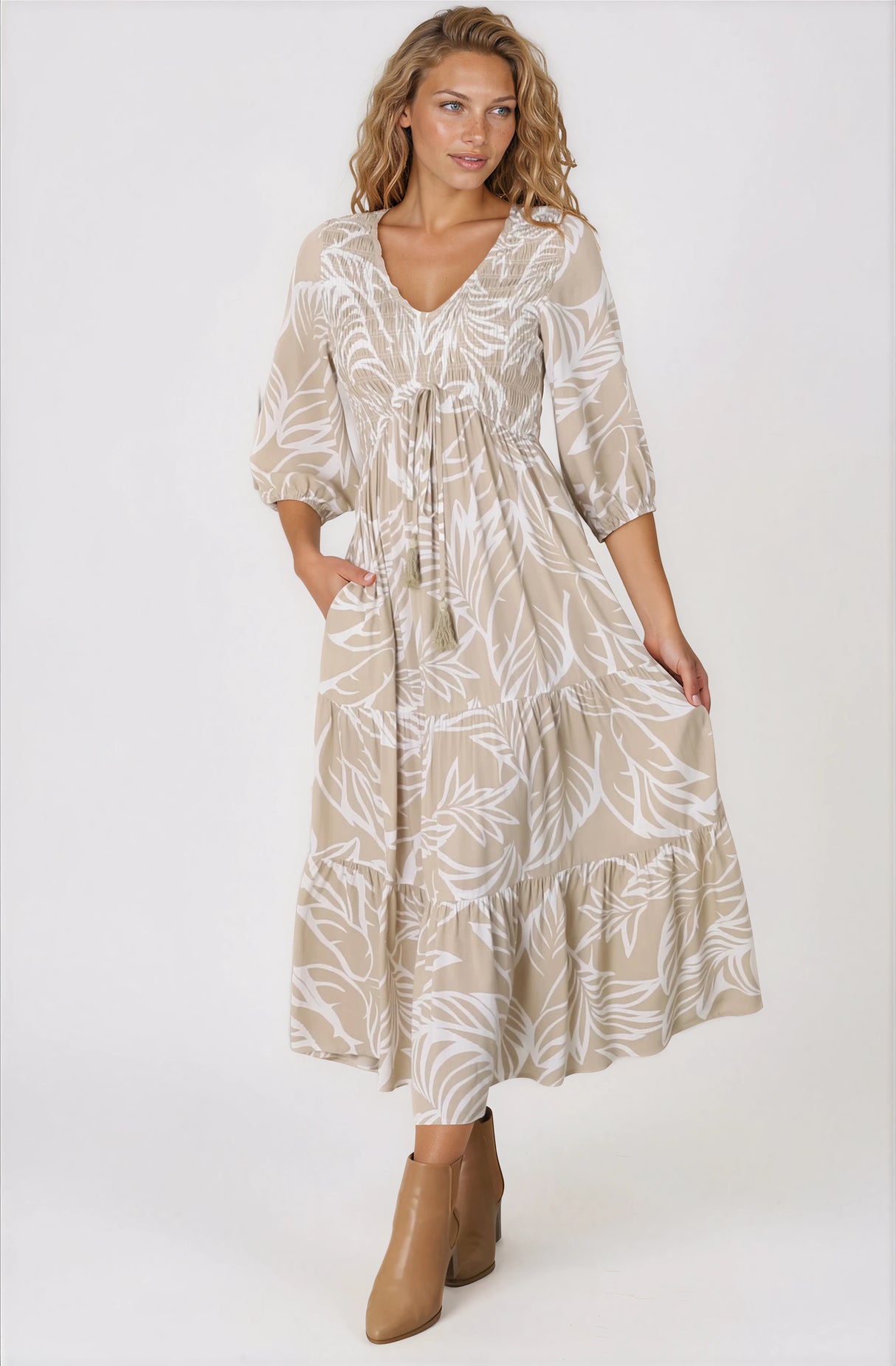 Jaden Midi Dress - Elasticated Bodice A-Line Dress in Jeani Print Beige