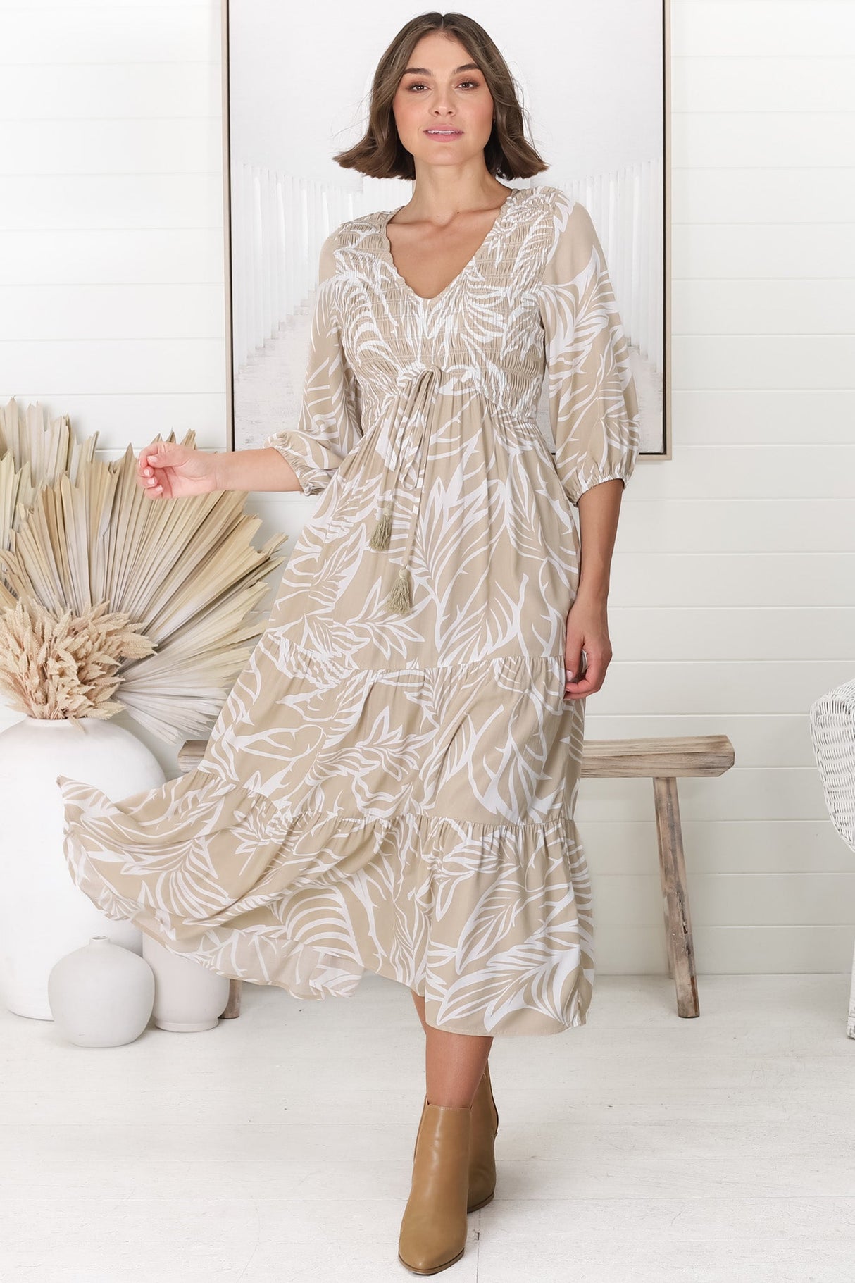 Jaden Midi Dress - Elasticated Bodice A-Line Dress in Jeani Print Beige