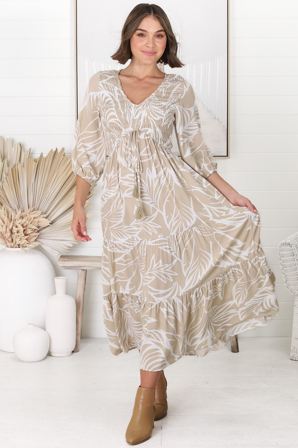 Jaden Midi Dress - Elasticated Bodice A-Line Dress in Jeani Print Beige
