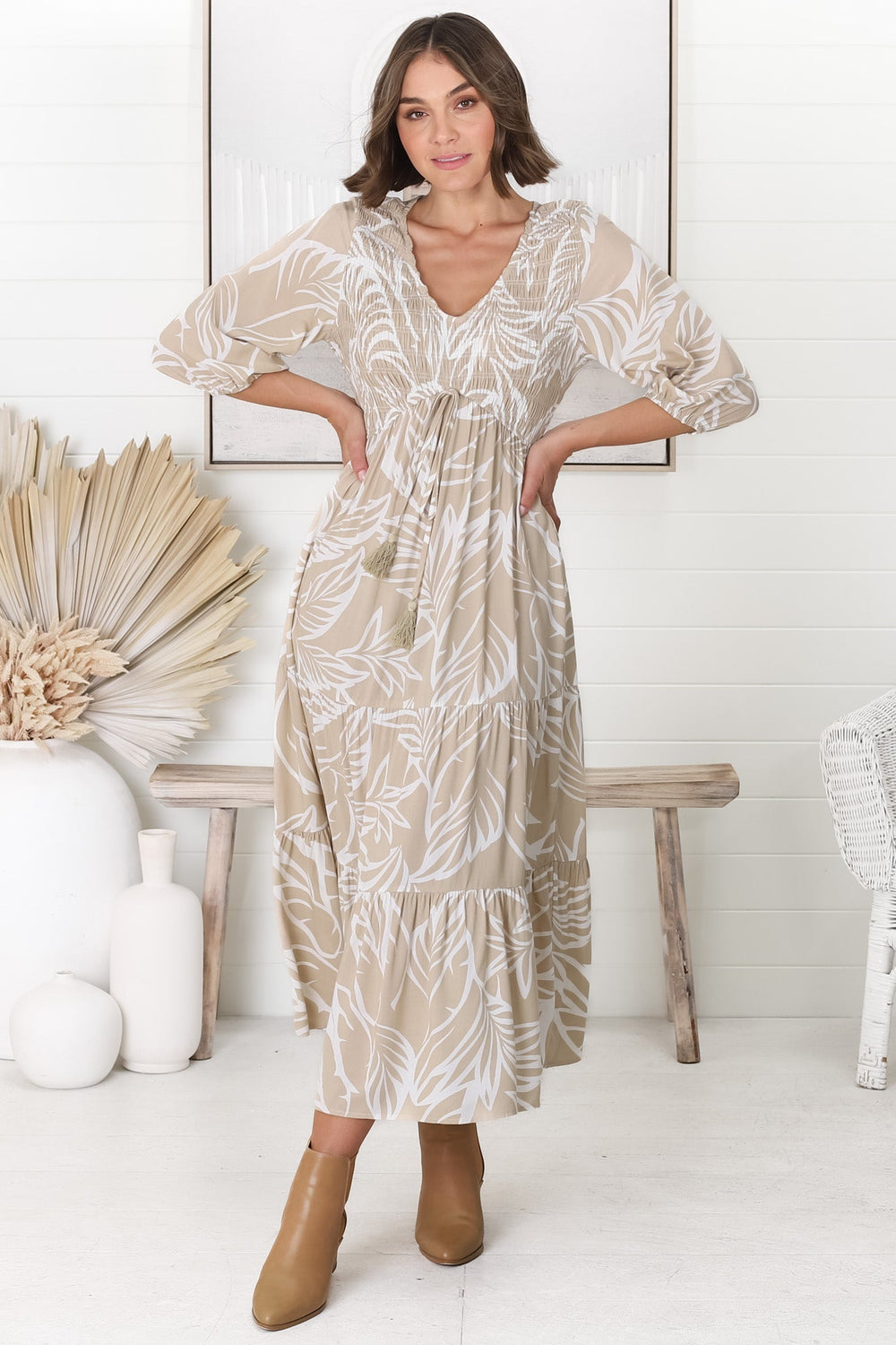 Jaden Midi Dress - Elasticated Bodice A-Line Dress in Jeani Print Beige