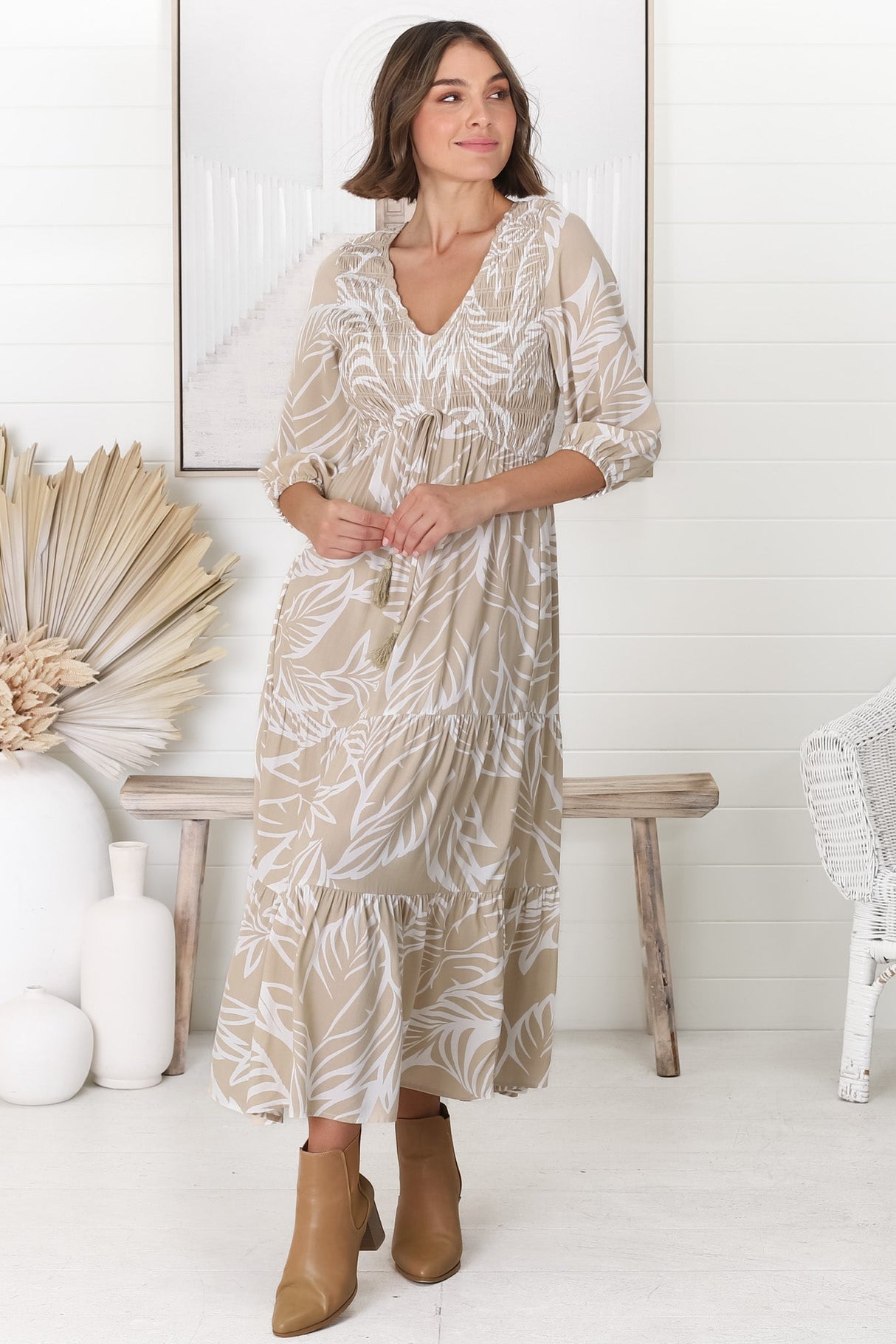 Jaden Midi Dress - Elasticated Bodice A-Line Dress in Jeani Print Beige