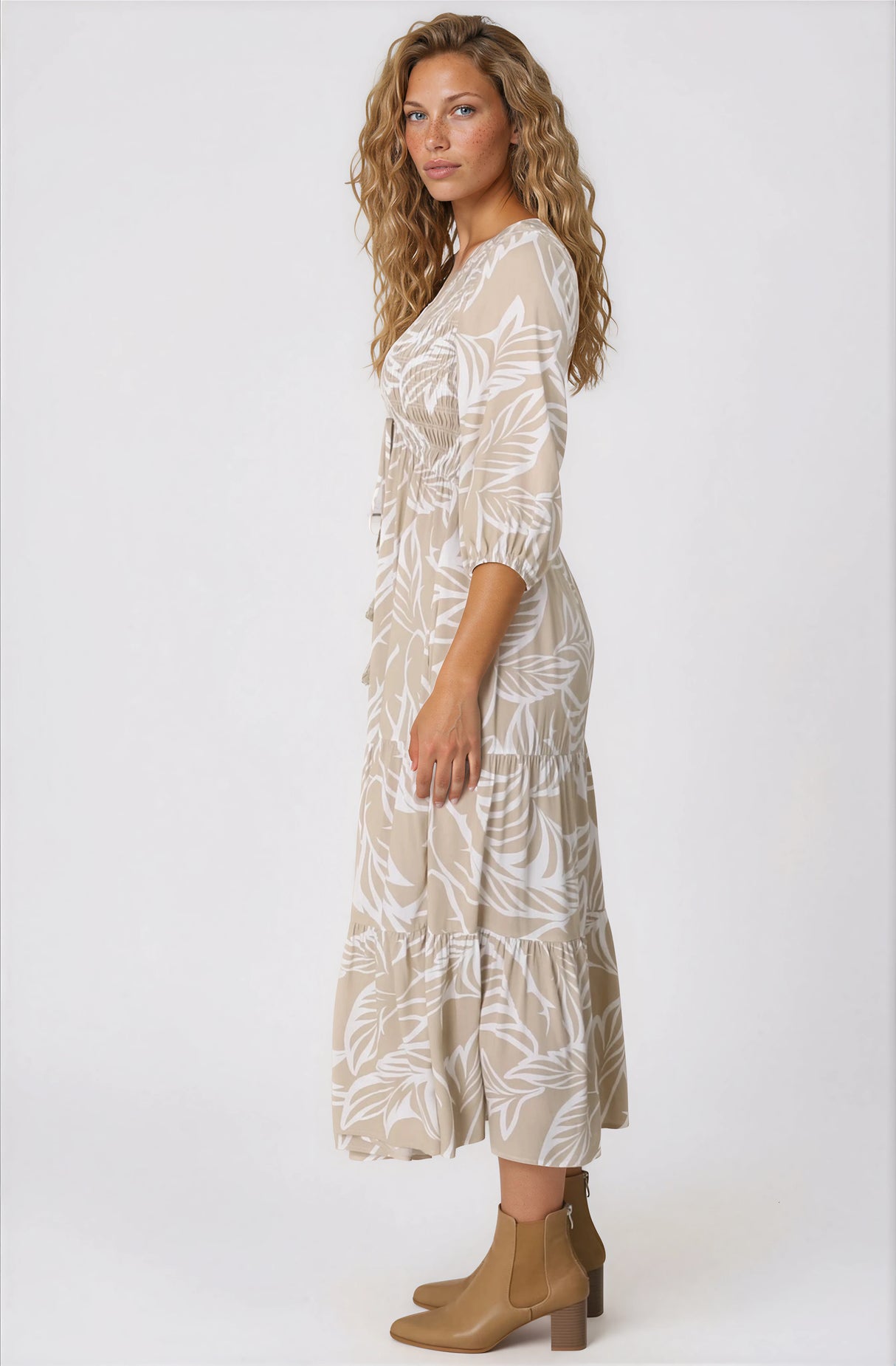 Jaden Midi Dress - Elasticated Bodice A-Line Dress in Jeani Print Beige