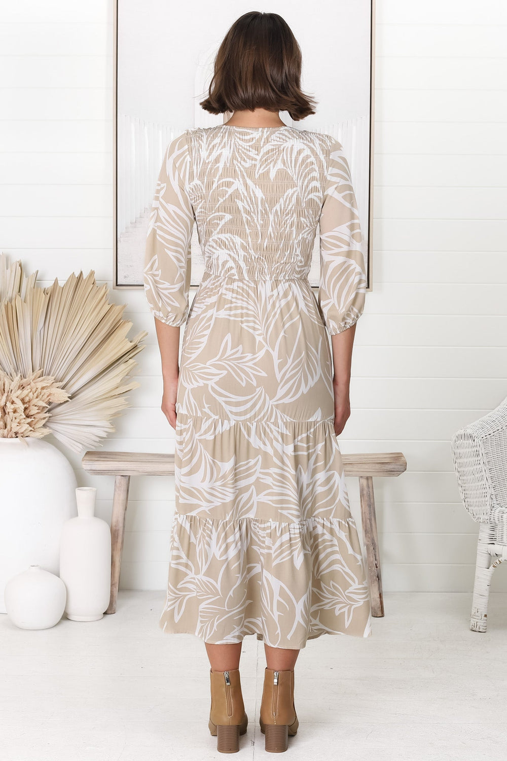 Jaden Midi Dress - Elasticated Bodice A-Line Dress in Jeani Print Beige