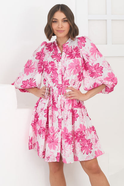 Cadell Mini Dress: Mandarin Collar Buttoned Down Dress Aria Print in Pink