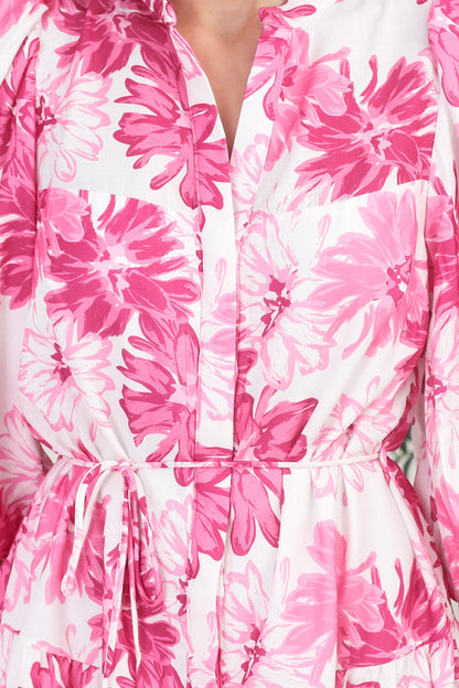 Cadell Mini Dress: Mandarin Collar Buttoned Down Dress Aria Print in Pink