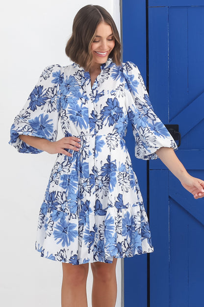 Cadell Mini Dress: Mandarin Collar Buttoned Down Dress Aria Print in Blue