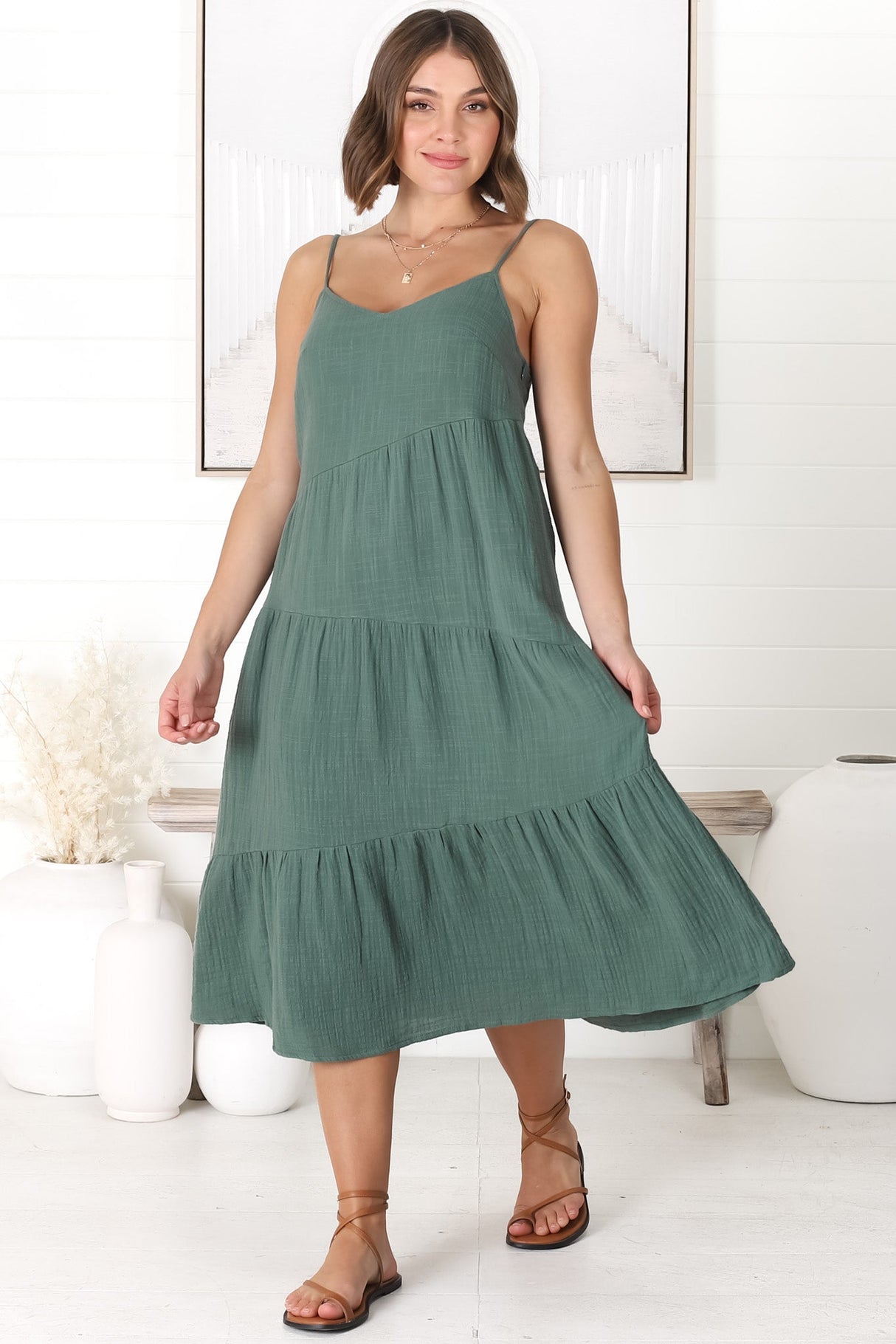 Rinley Midi Dress - Adjustable Strap Tiered Dress in Forest Green