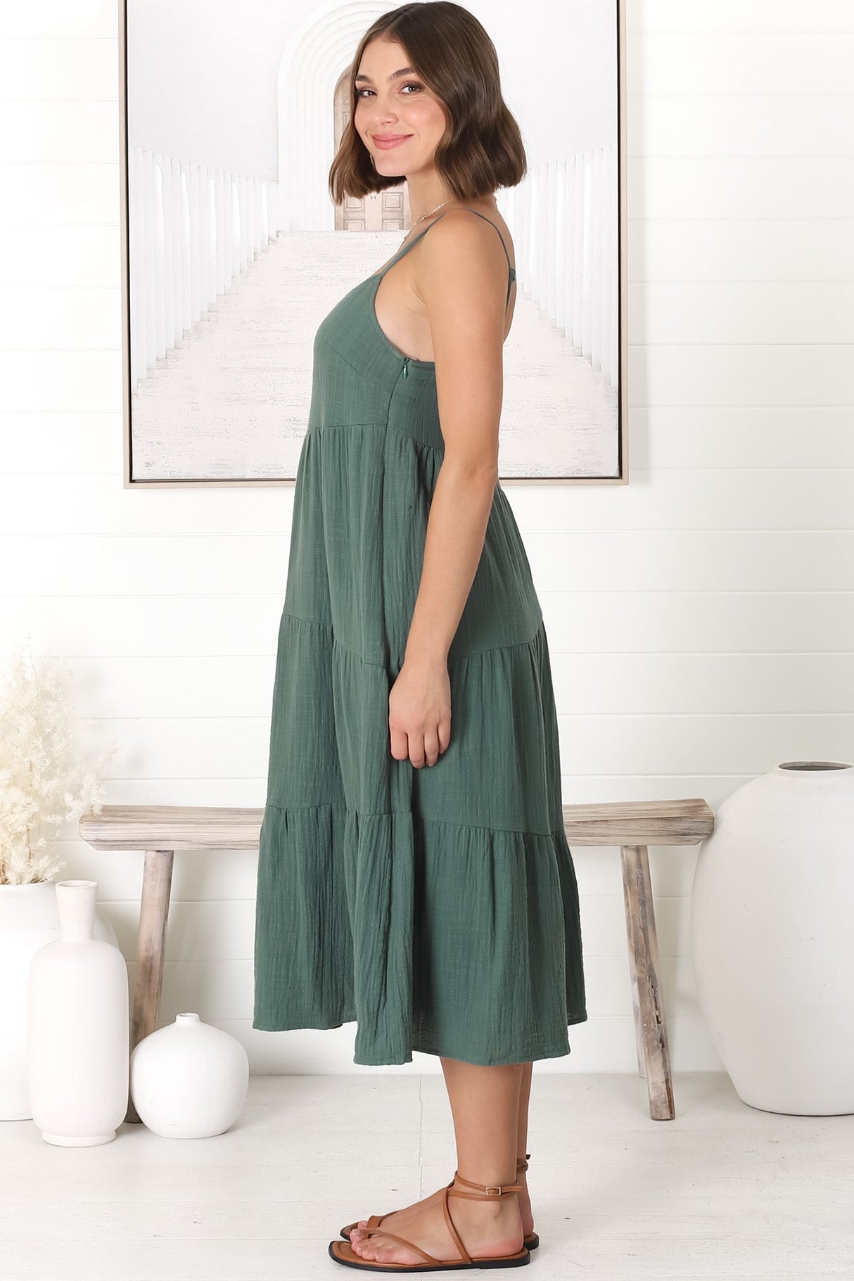 Rinley Midi Dress - Adjustable Strap Tiered Dress in Forest Green