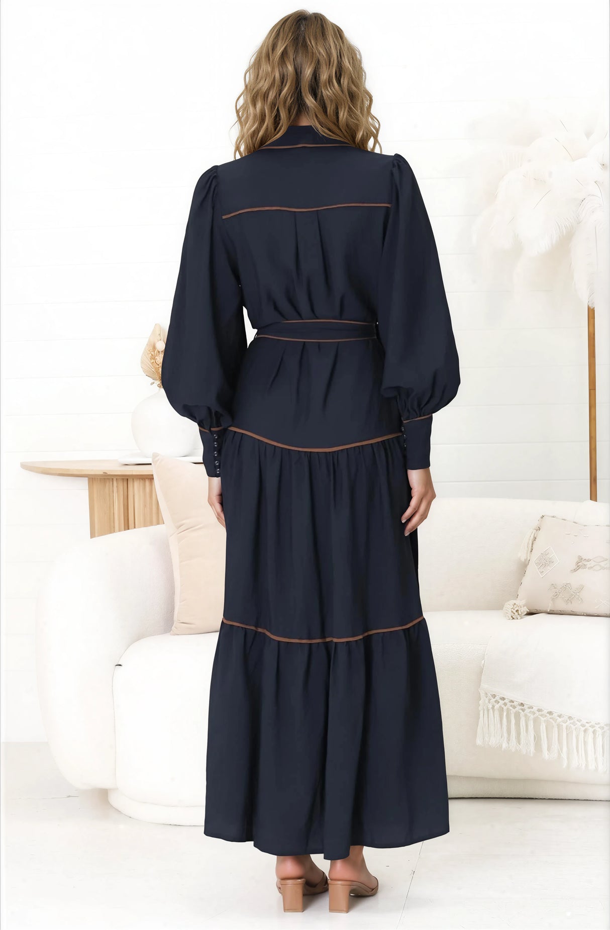 Marise Maxi Dress - A Line Dress with Collared Neckline and Long Sleeves in Navy