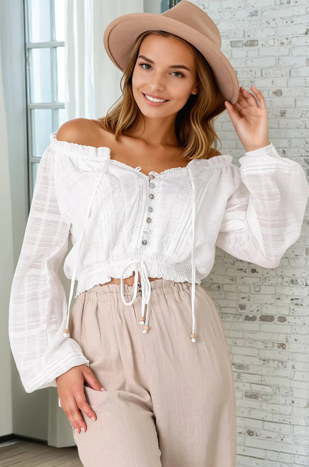 Marlon Top - On or Off Shoulder Pin Tuck Detail Long Balloon Sleeve Crop in White