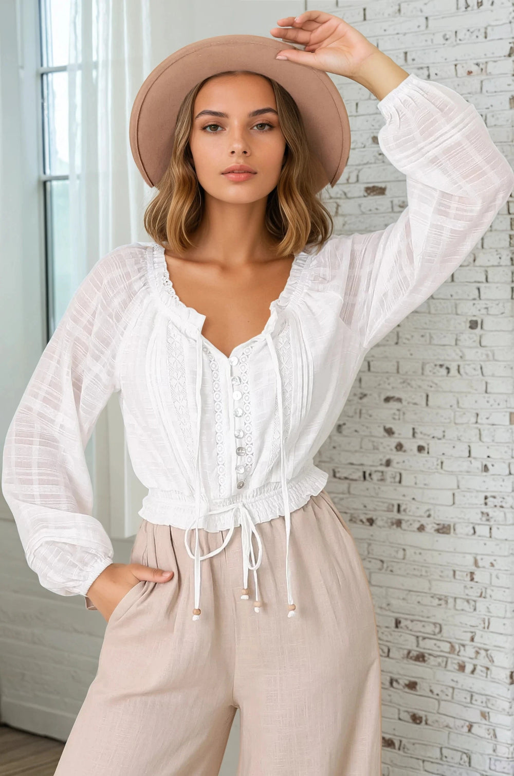 Marlon Top - On or Off Shoulder Pin Tuck Detail Long Balloon Sleeve Crop in White