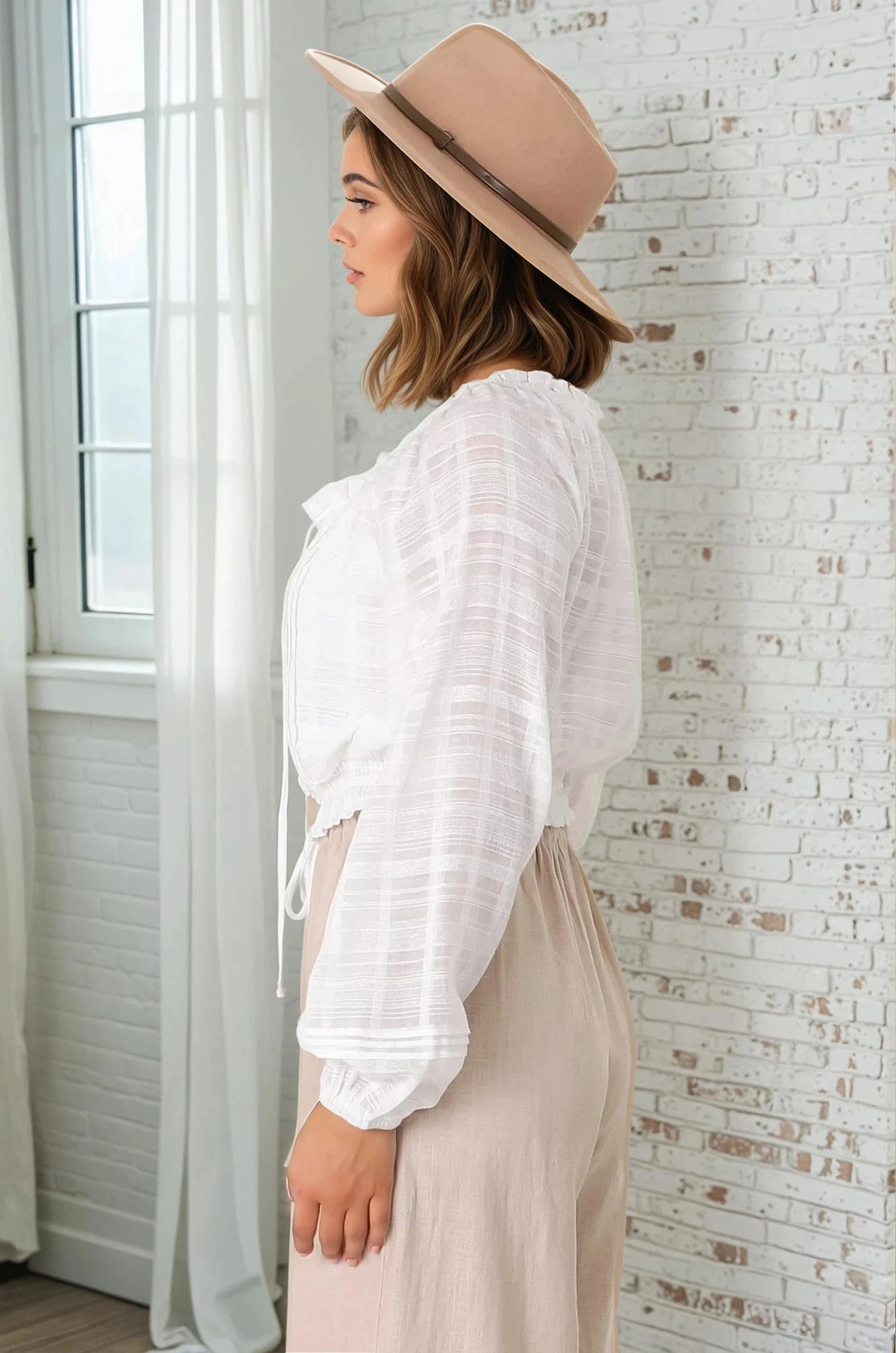 Marlon Top - On or Off Shoulder Pin Tuck Detail Long Balloon Sleeve Crop in White