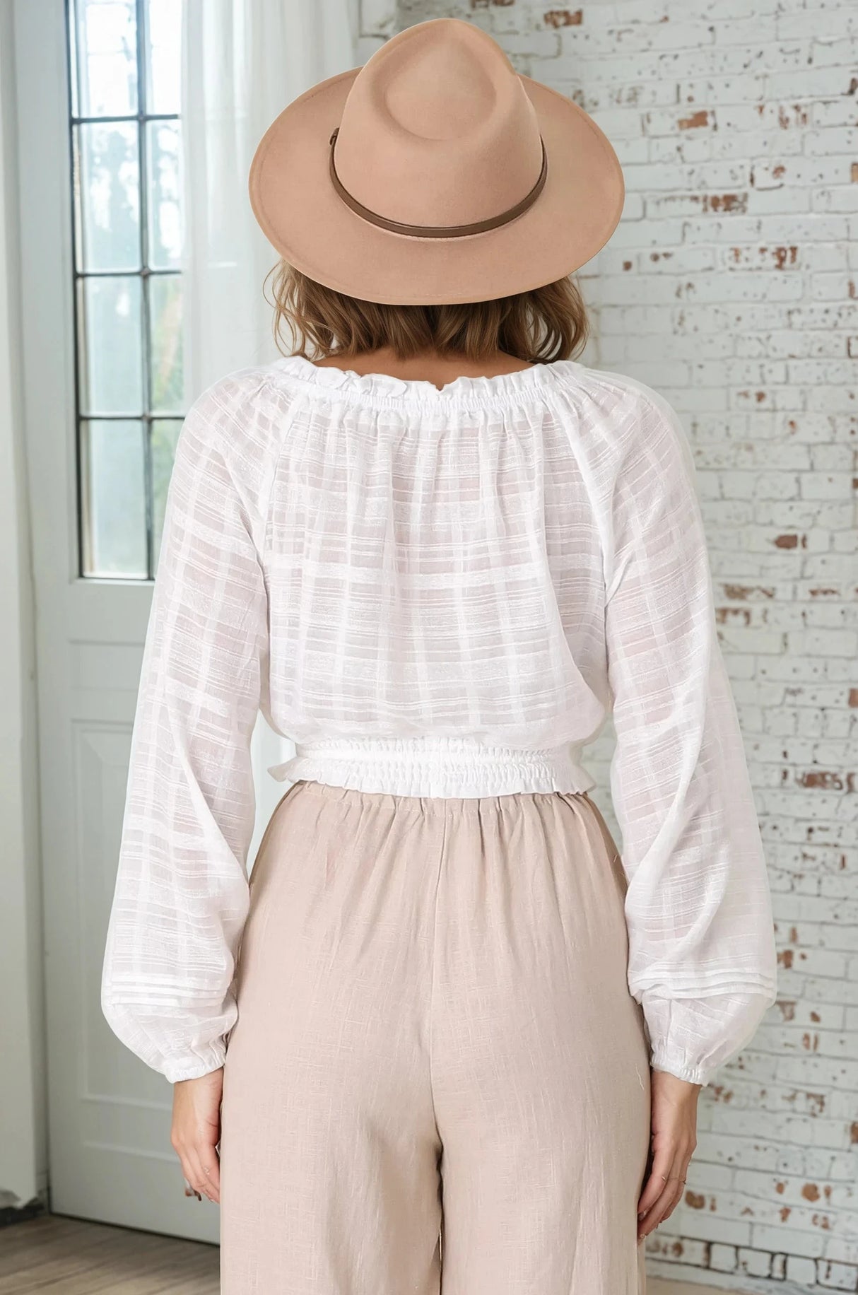 Marlon Top - On or Off Shoulder Pin Tuck Detail Long Balloon Sleeve Crop in White