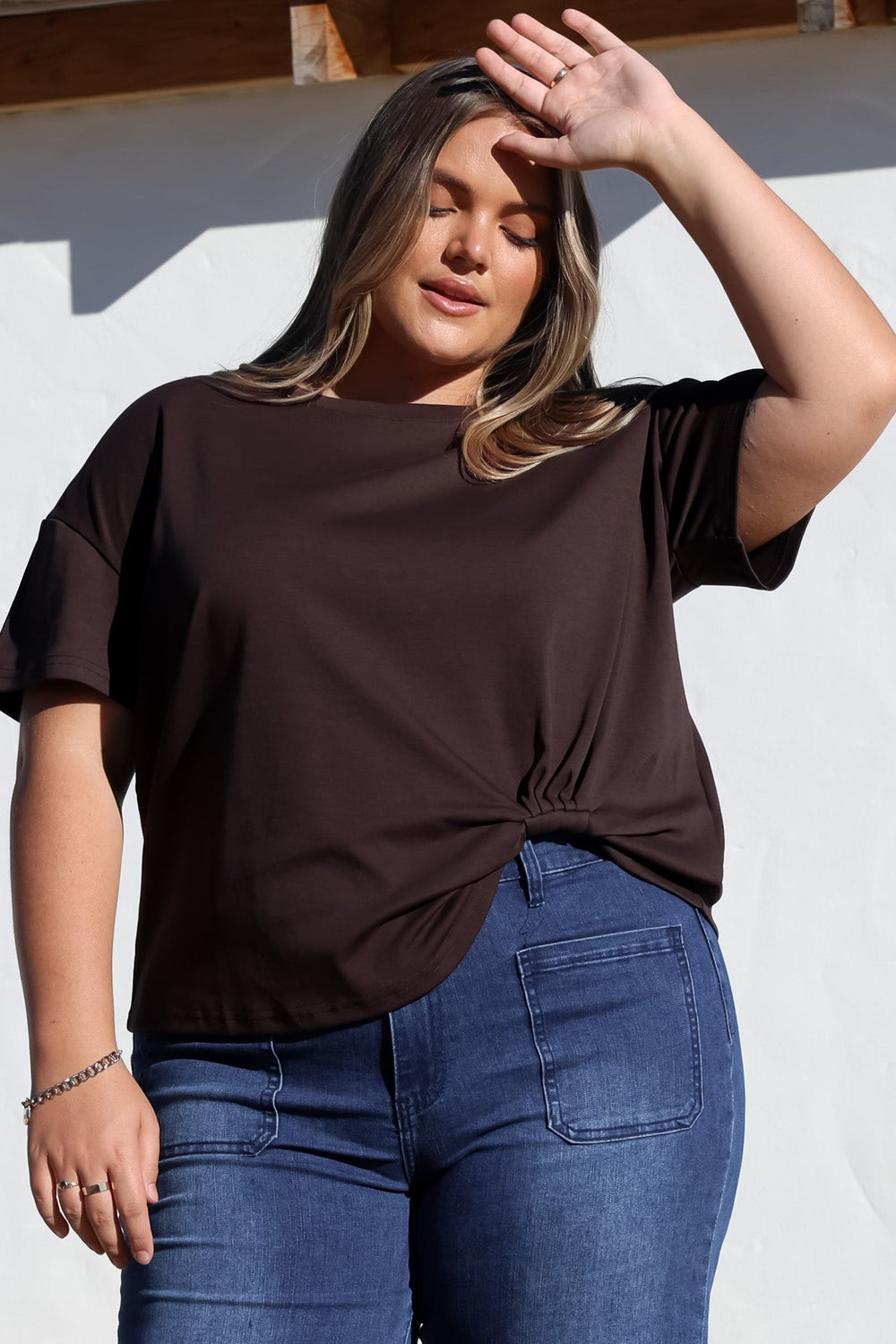Tuck T-Shirt - Round Neckline Cotton Tee with Gathered Front Detail in Chocolate
