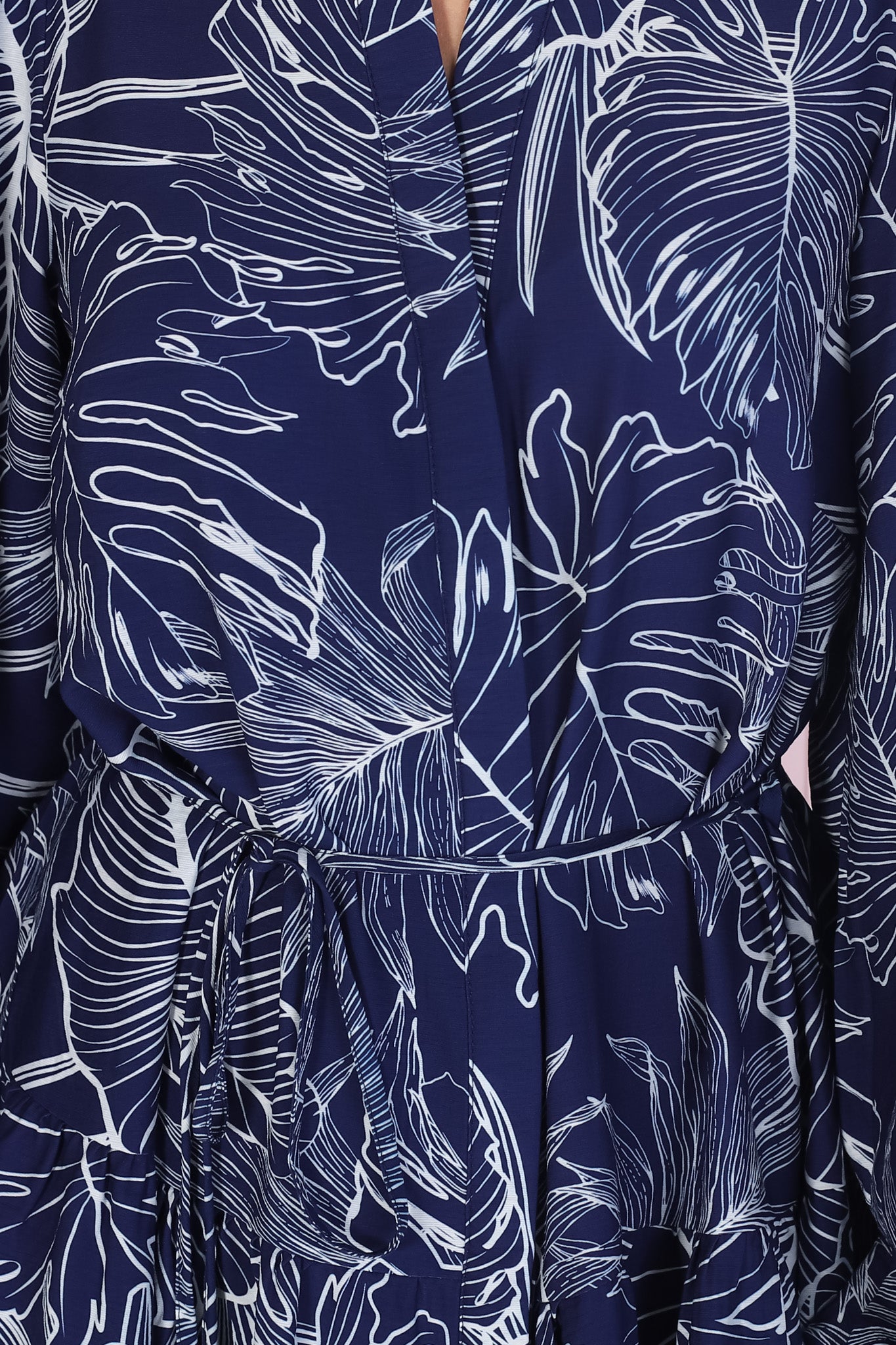 Cadell Mini Dress: Mandarin Collar Buttoned Down Dress Palm Print in Blue