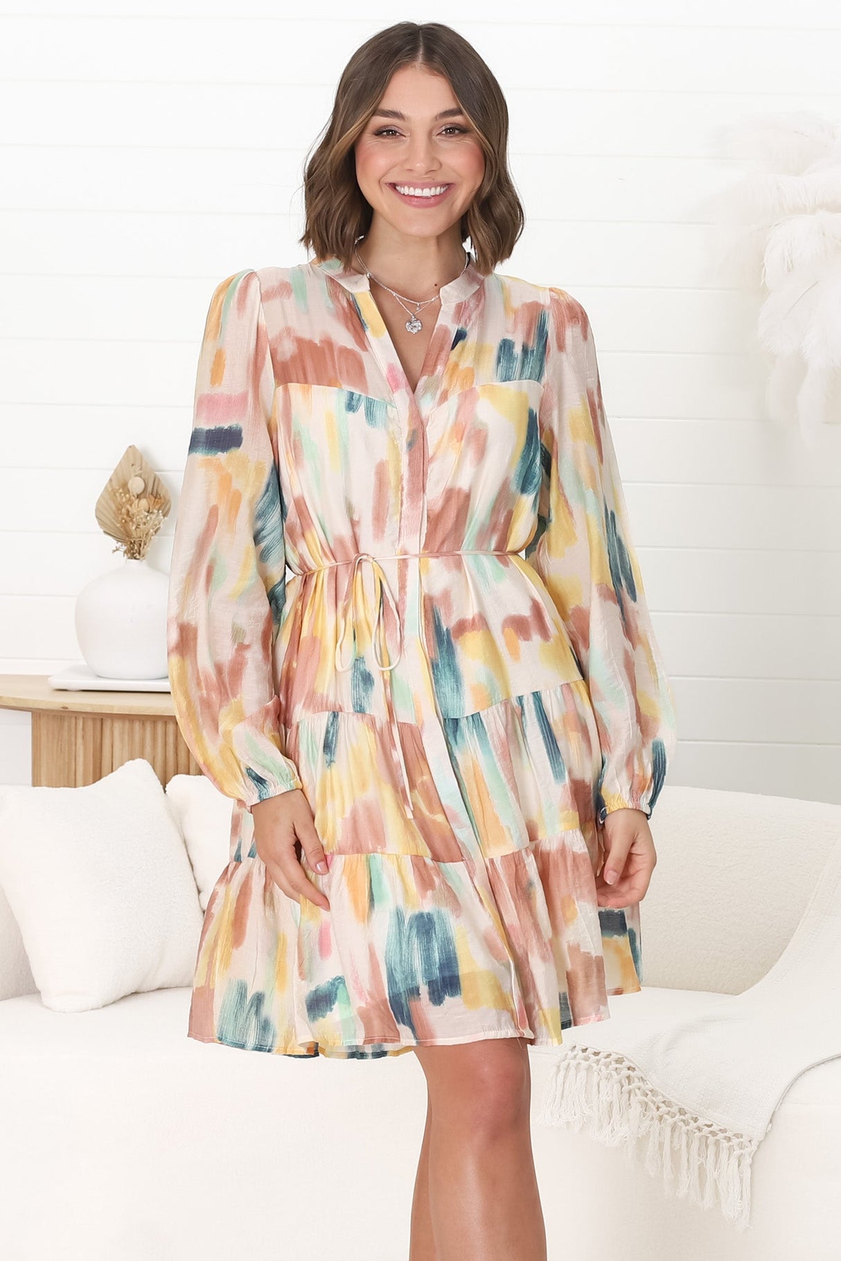 Cadell Mini Dress - Mandarin Collar Buttoned Down Dress in Pastel Dreams Print