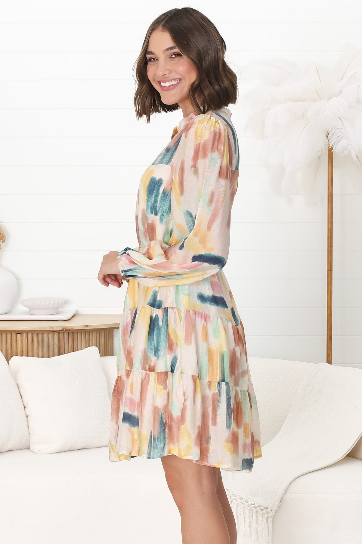 Cadell Mini Dress - Mandarin Collar Buttoned Down Dress in Pastel Dreams Print