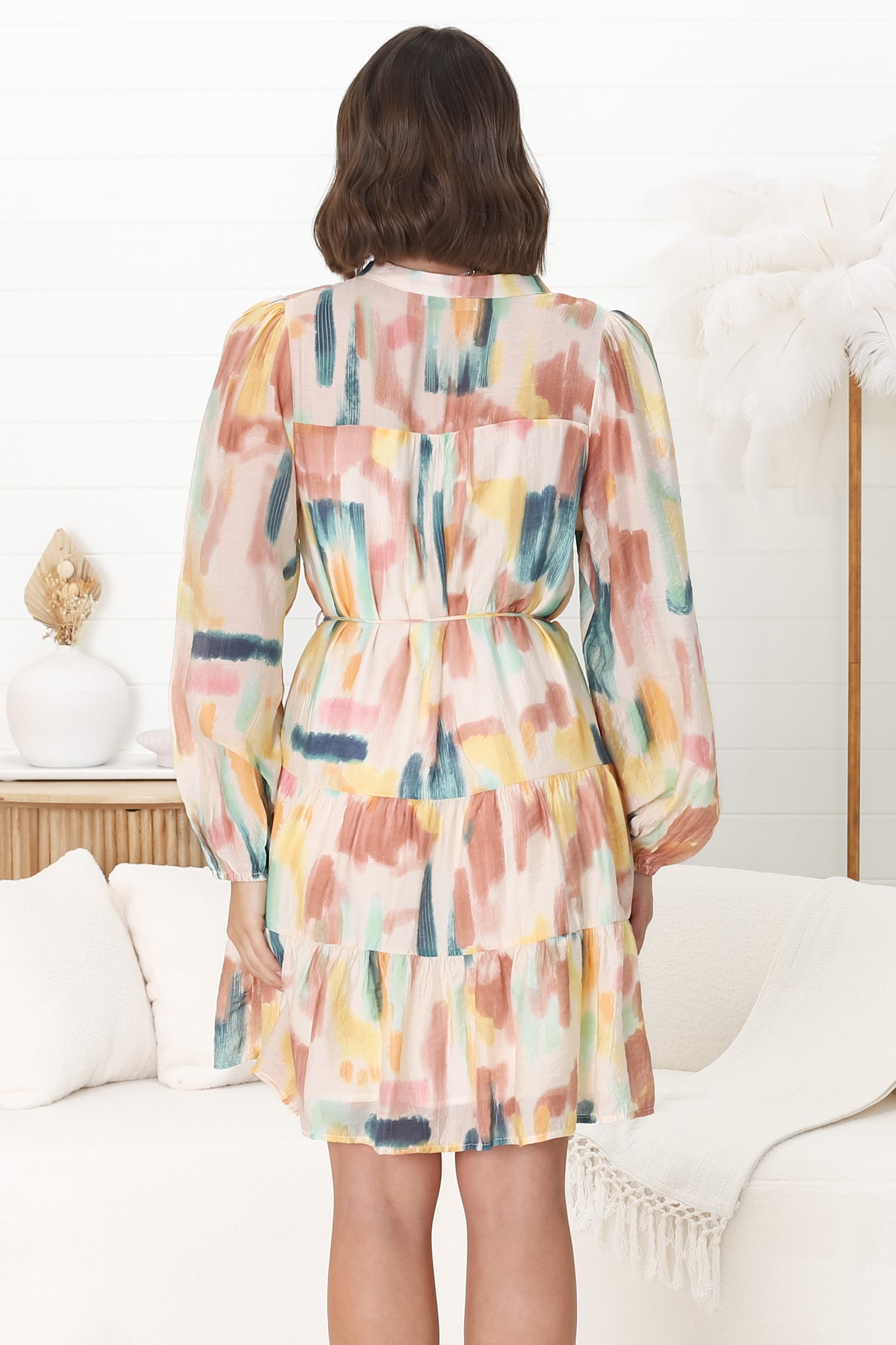 Cadell Mini Dress - Mandarin Collar Buttoned Down Dress in Pastel Dreams Print