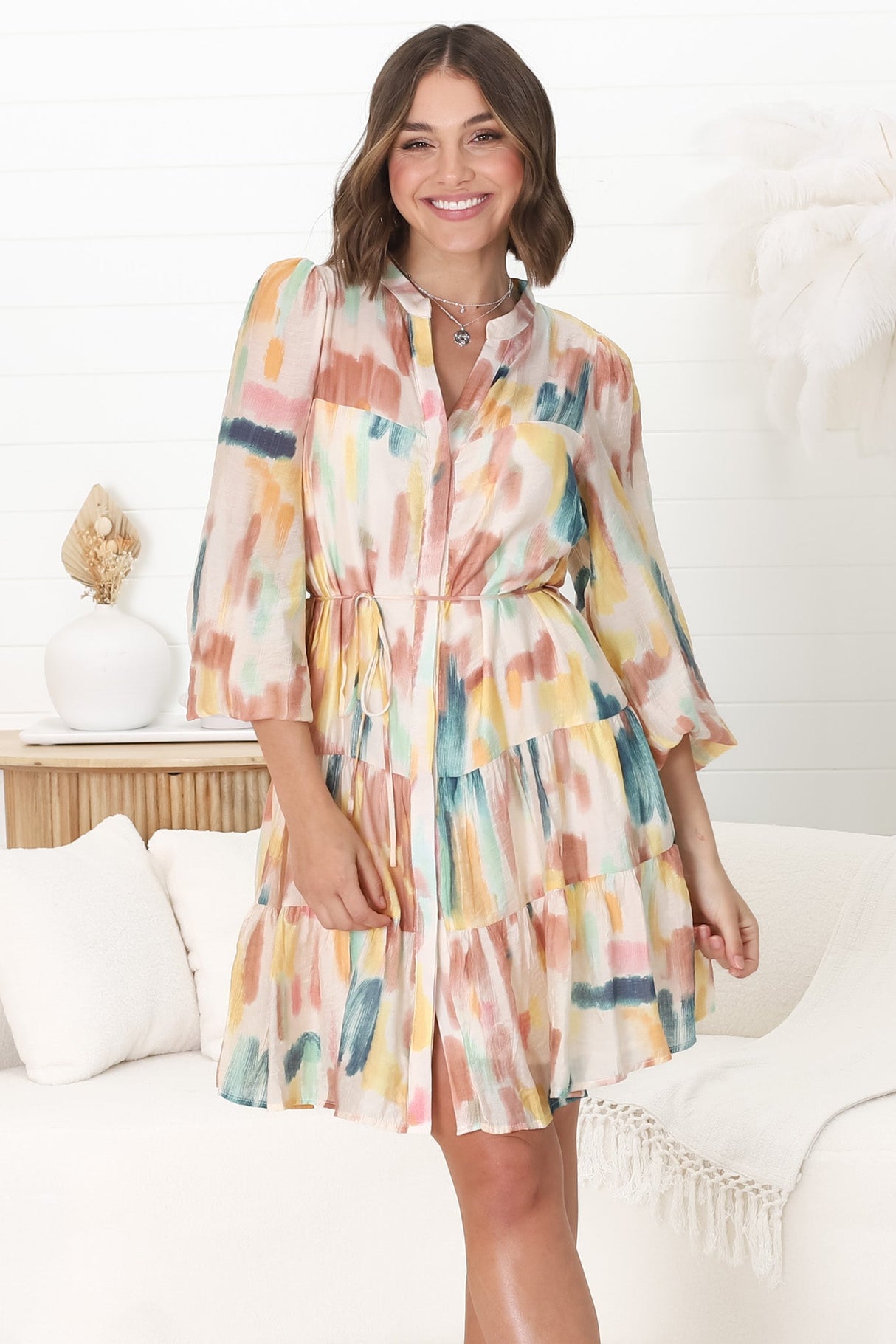 Cadell Mini Dress - Mandarin Collar Buttoned Down Dress in Pastel Dreams Print