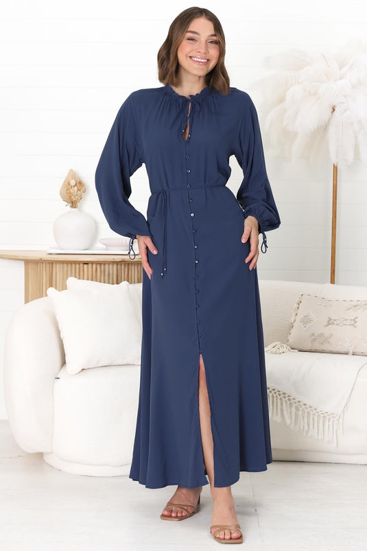Amelie Maxi Dress - Frill Collar Button Through Dress with Waist Tie in Blue