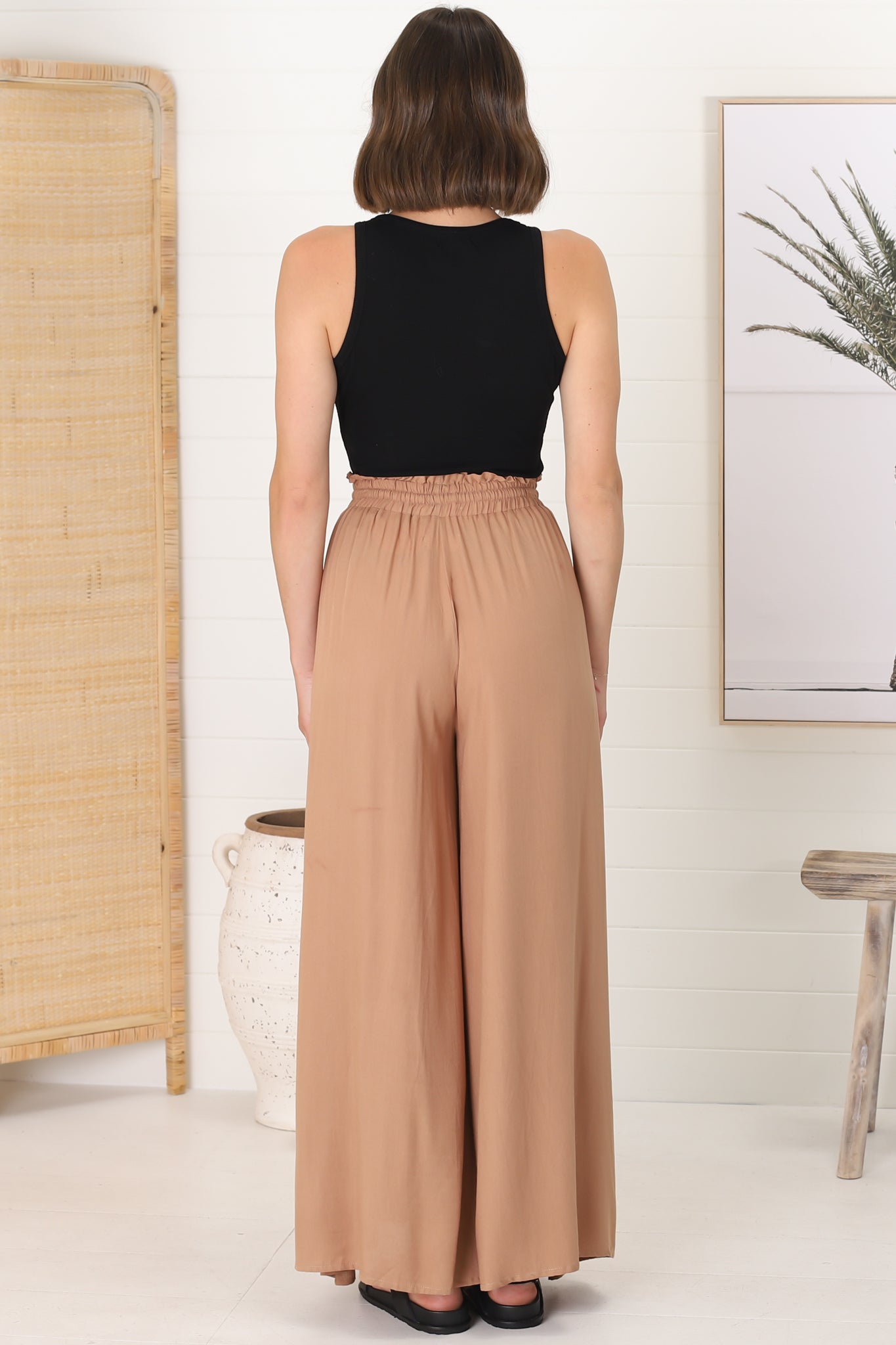 Charli Pants - Paper Bag High Waisted Wide Leg Pants in Camel