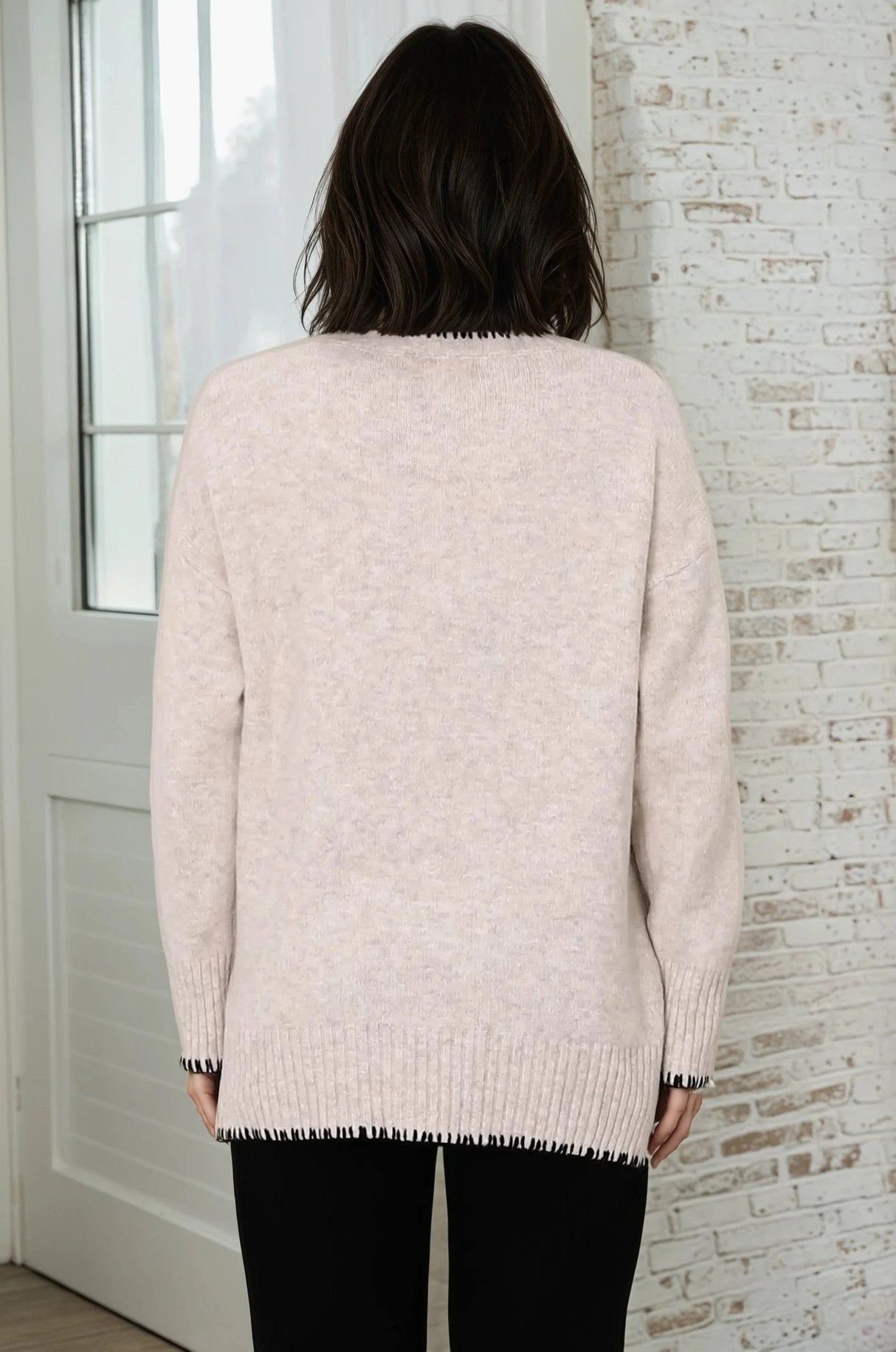 Kindra Jumper - Crew Neck Pull Over with Contrast Stitching in Oat Marle