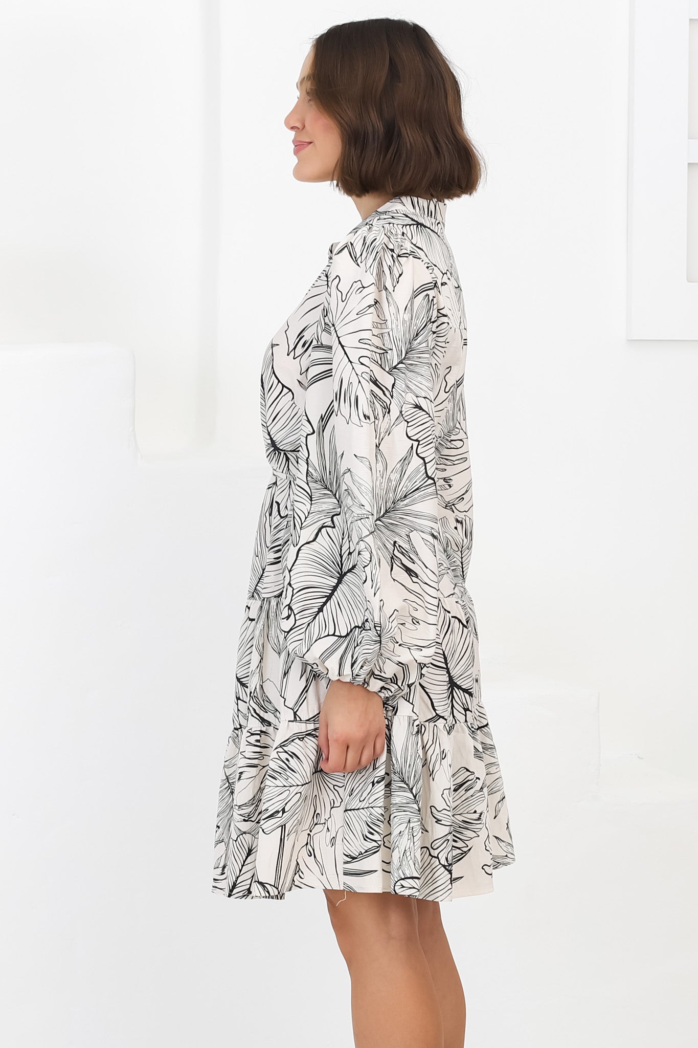 Cadell Mini Dress: Mandarin Collar Buttoned Down Dress Palm Print in Beige