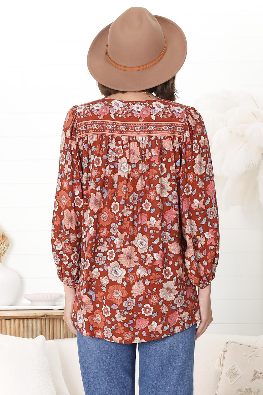 Joelle Top - V Neck High-Low Top in Anissa Print Rust