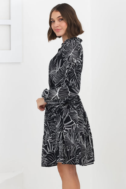 Cadell Mini Dress: Mandarin Collar Buttoned Down Dress Palm Print in Black