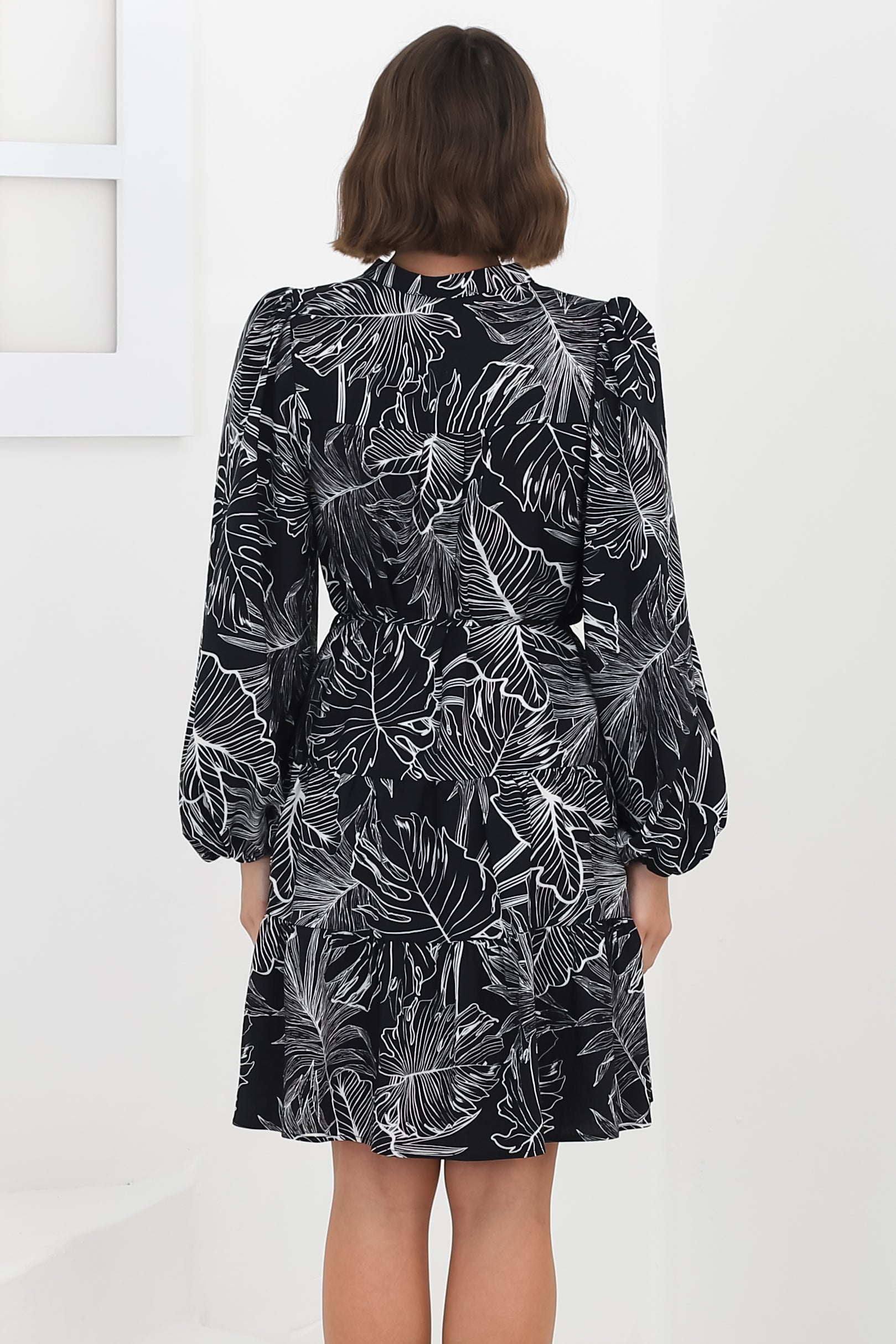 Cadell Mini Dress: Mandarin Collar Buttoned Down Dress Palm Print in Black