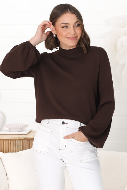 Tallum Knit Top - High Neck Knit Top with Balloon Sleeves in Chocolate
