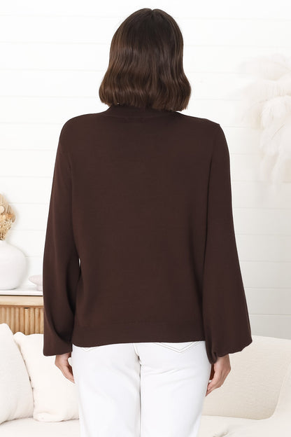 Tallum Knit Top - High Neck Knit Top with Balloon Sleeves in Chocolate