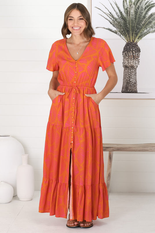 Havanah Maxi Dress - Button Through A Line Dress With Waist Tie In Orange