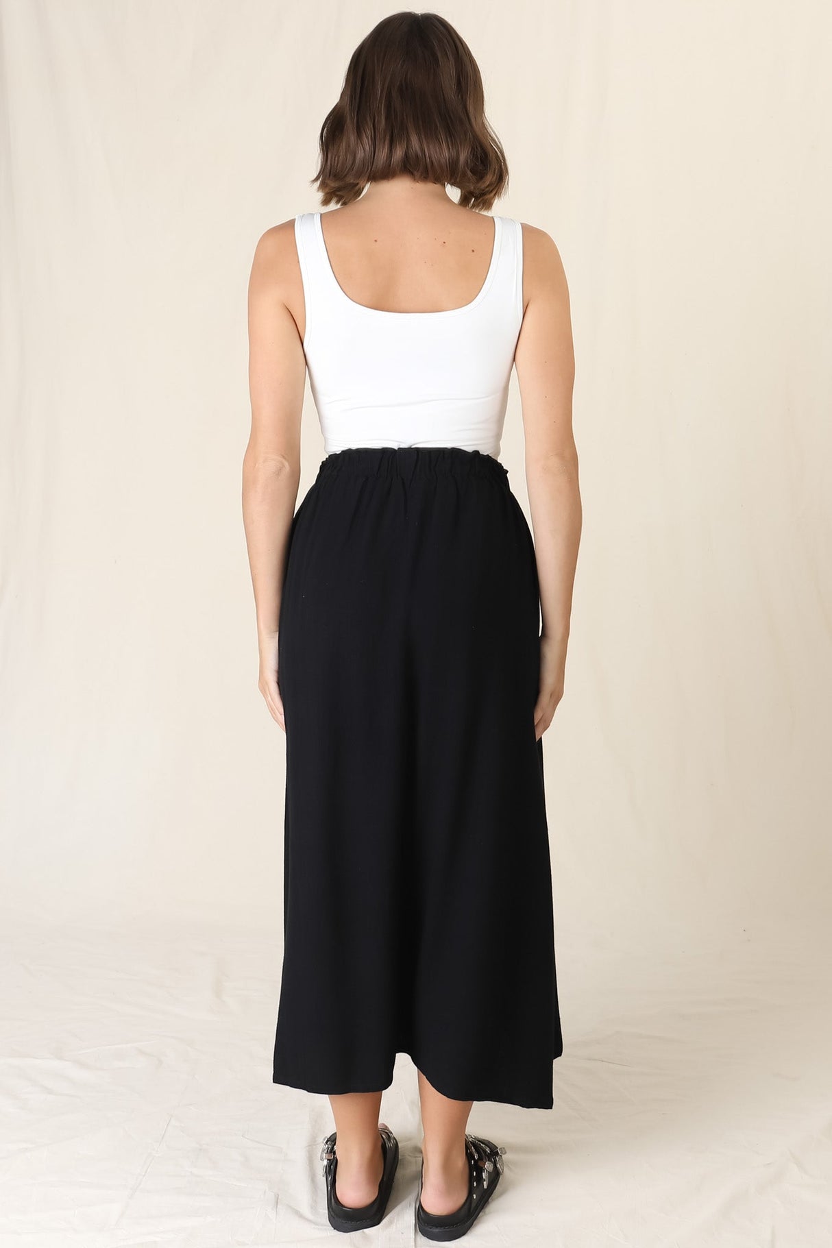 Murphy Midi Skirt - High Waisted Button Decal A-Line Skirt in Black