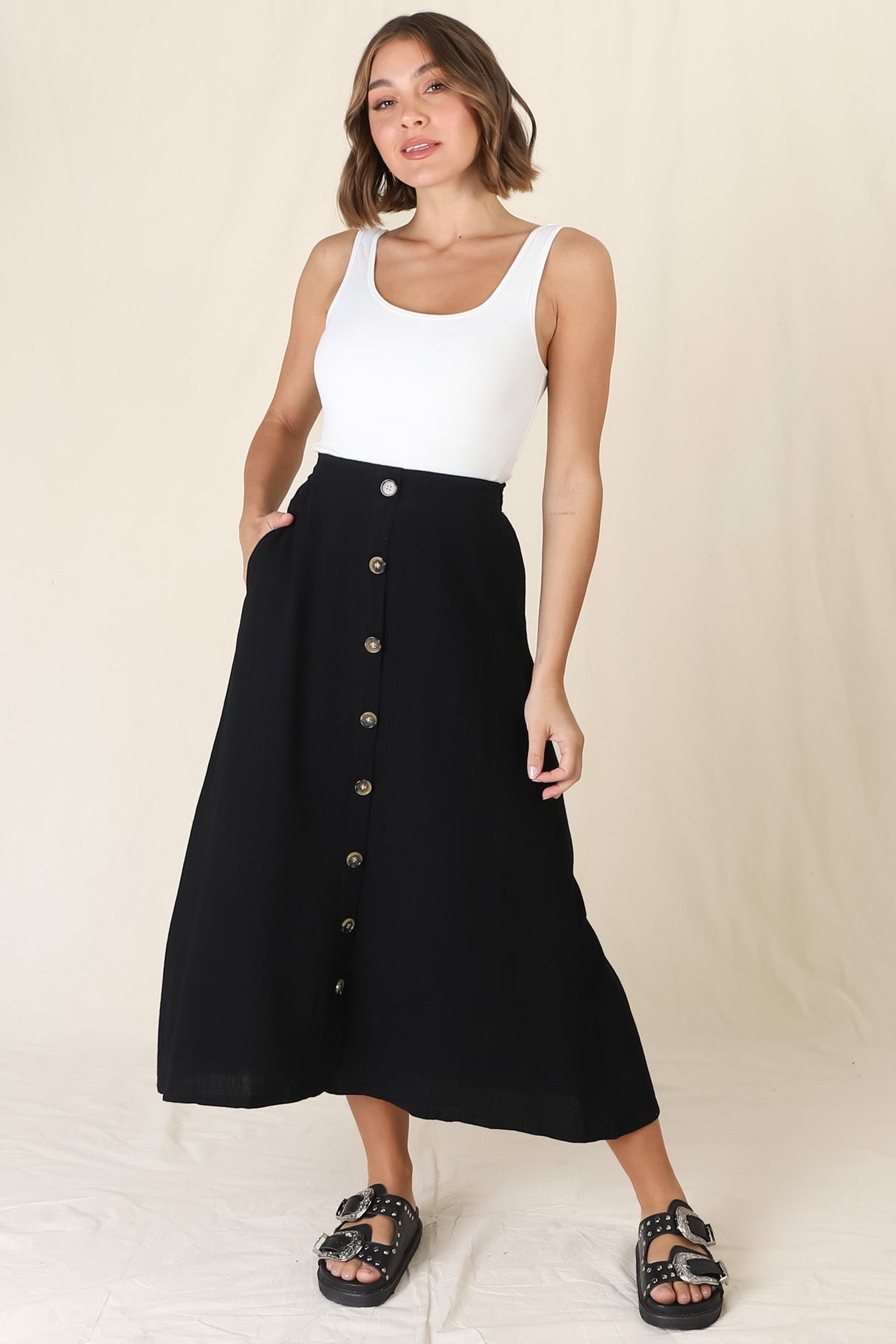 Murphy Midi Skirt - High Waisted Button Decal A-Line Skirt in Black