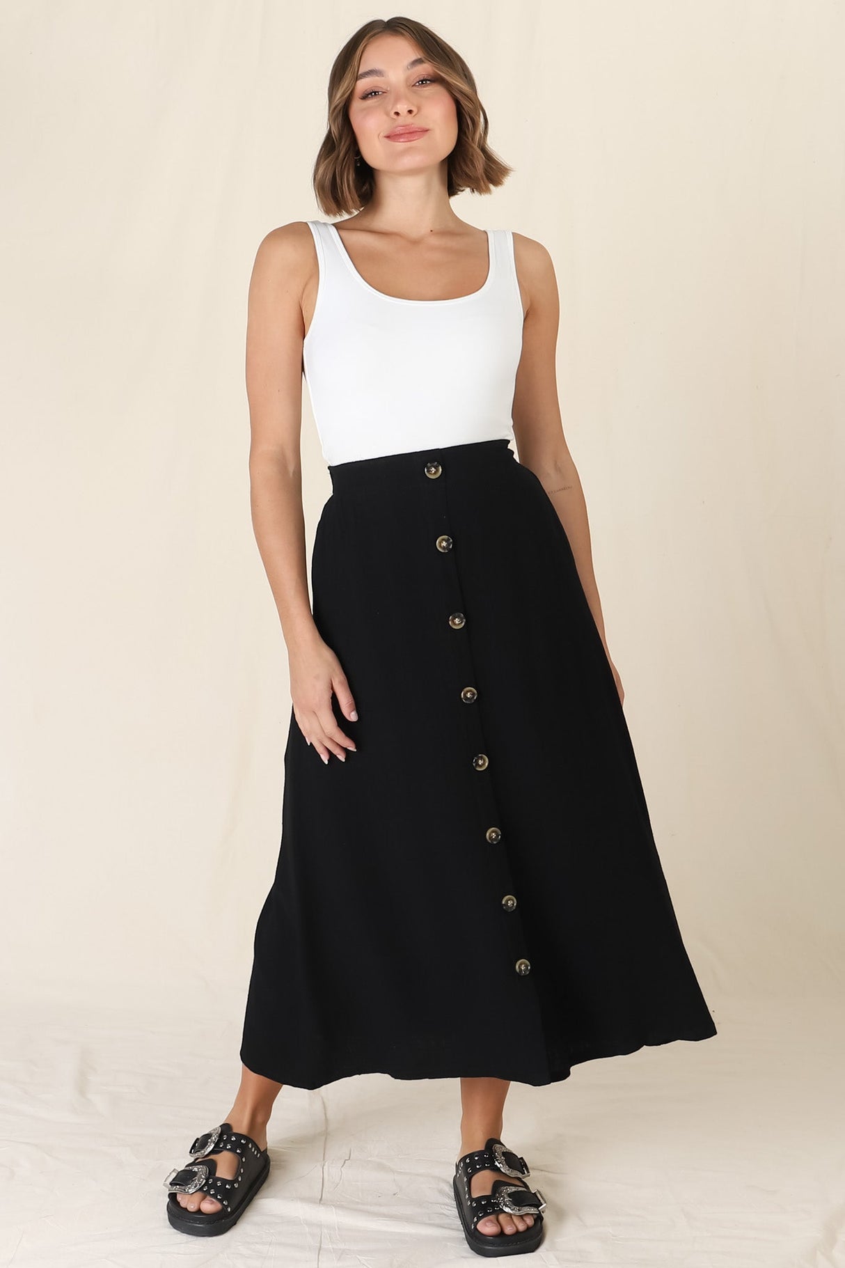 Murphy Midi Skirt - High Waisted Button Decal A-Line Skirt in Black