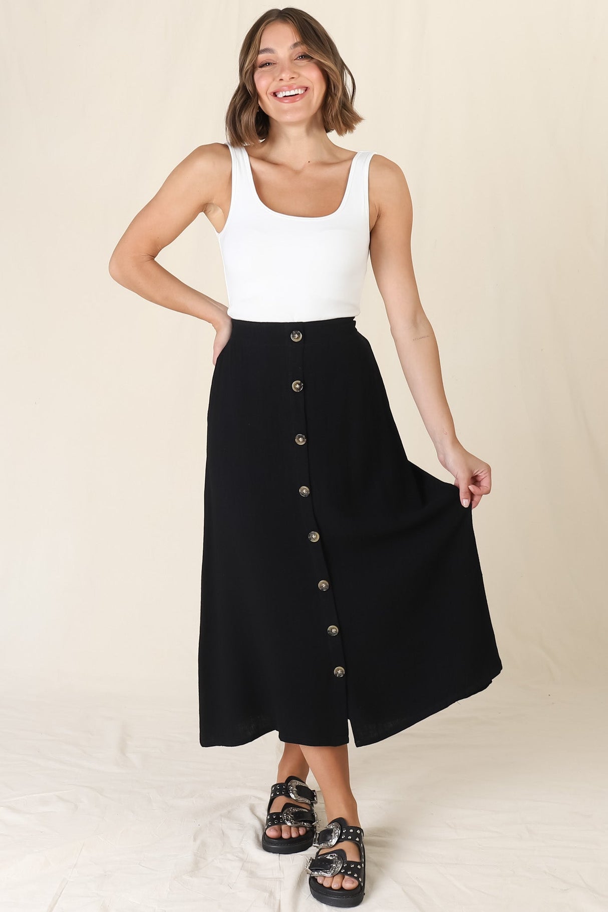 Murphy Midi Skirt - High Waisted Button Decal A-Line Skirt in Black