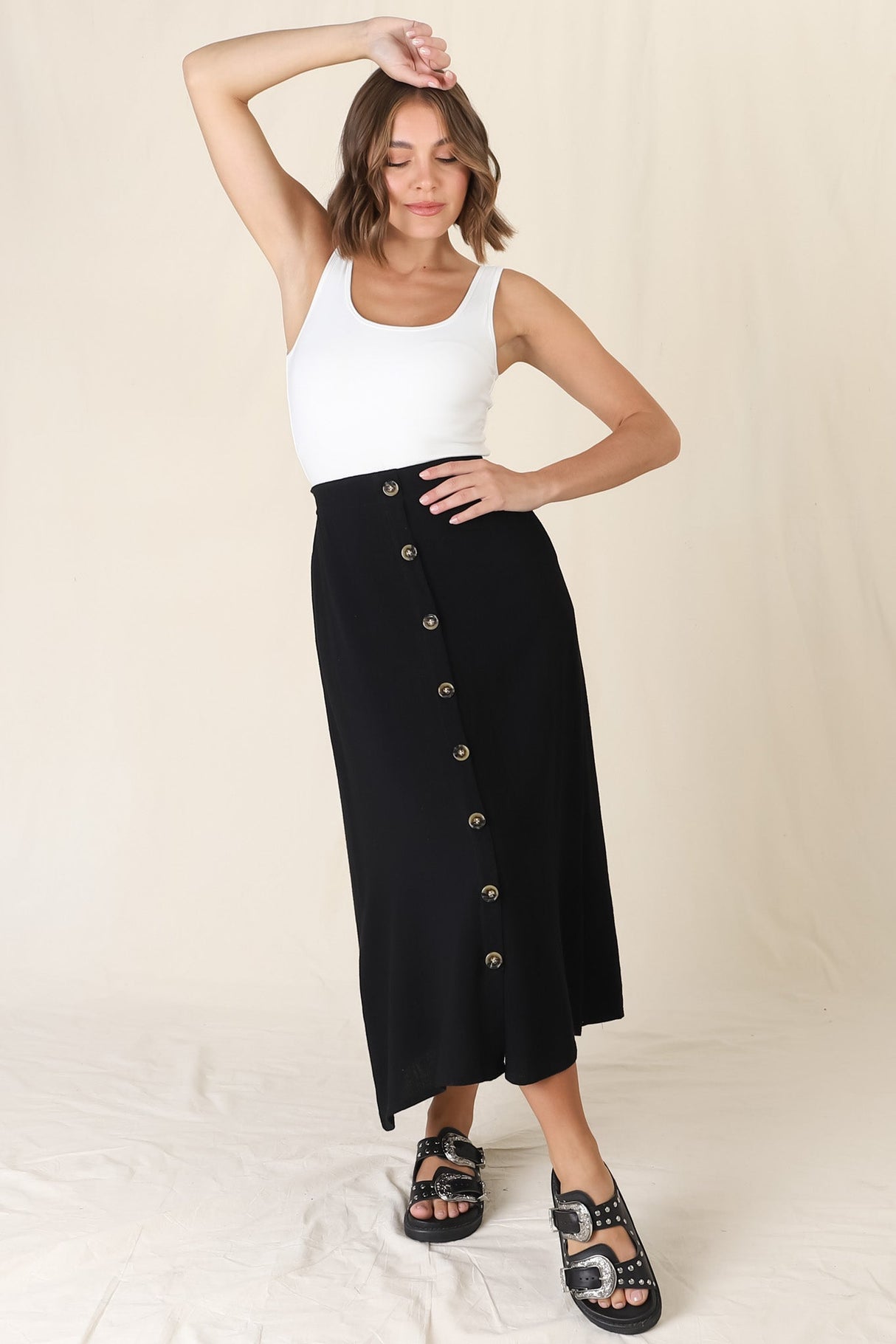 Murphy Midi Skirt - High Waisted Button Decal A-Line Skirt in Black
