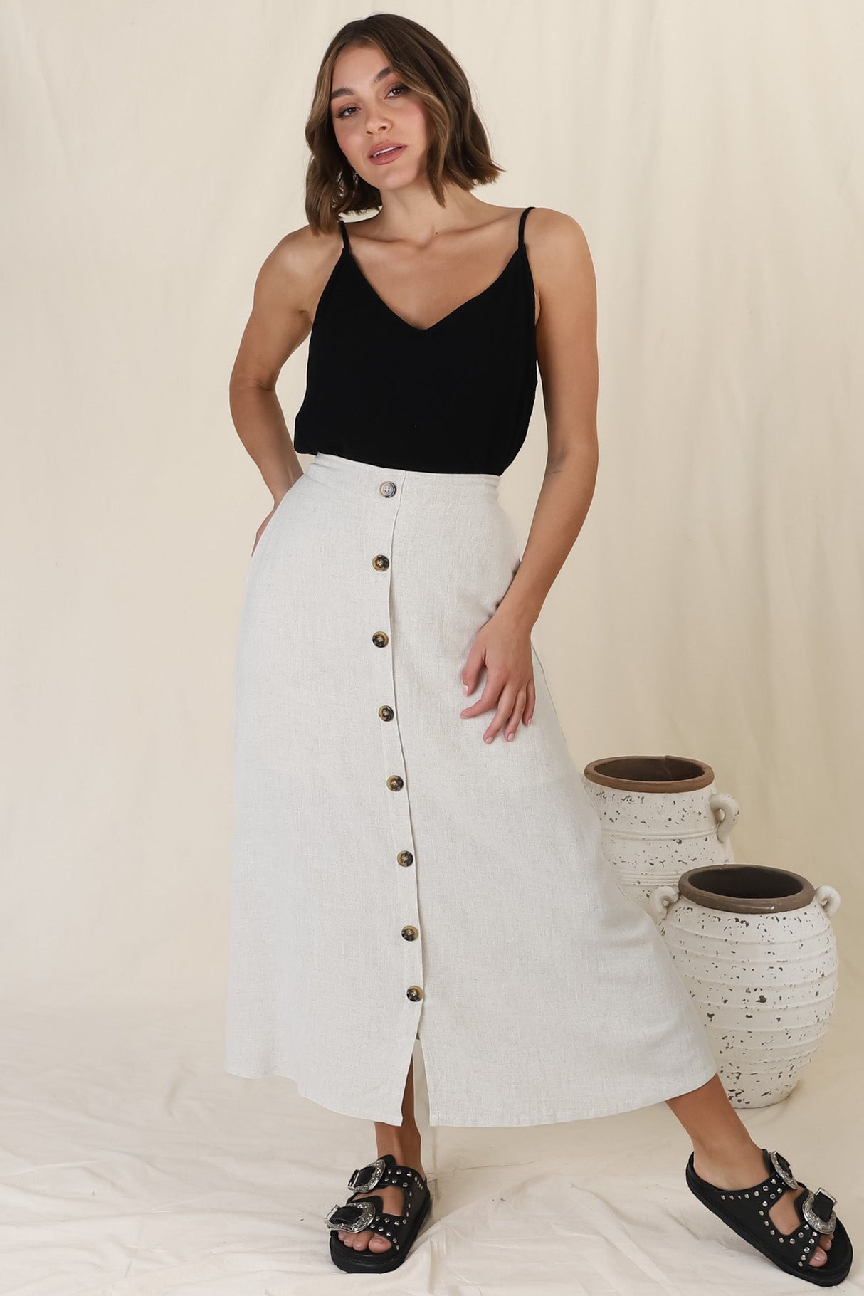 Murphy Midi Skirt - High Waisted Button Decal A-Line Skirt in Oat