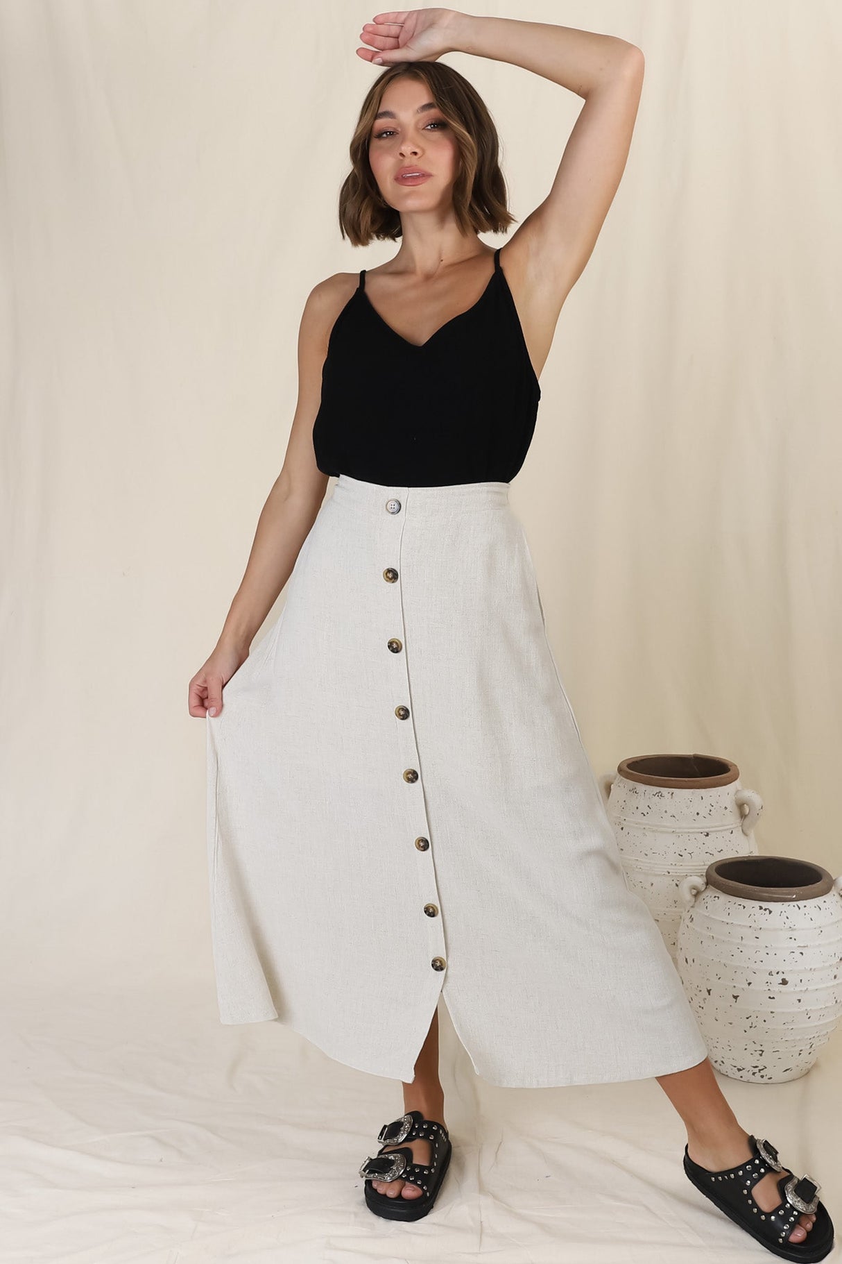 Murphy Midi Skirt - High Waisted Button Decal A-Line Skirt in Oat