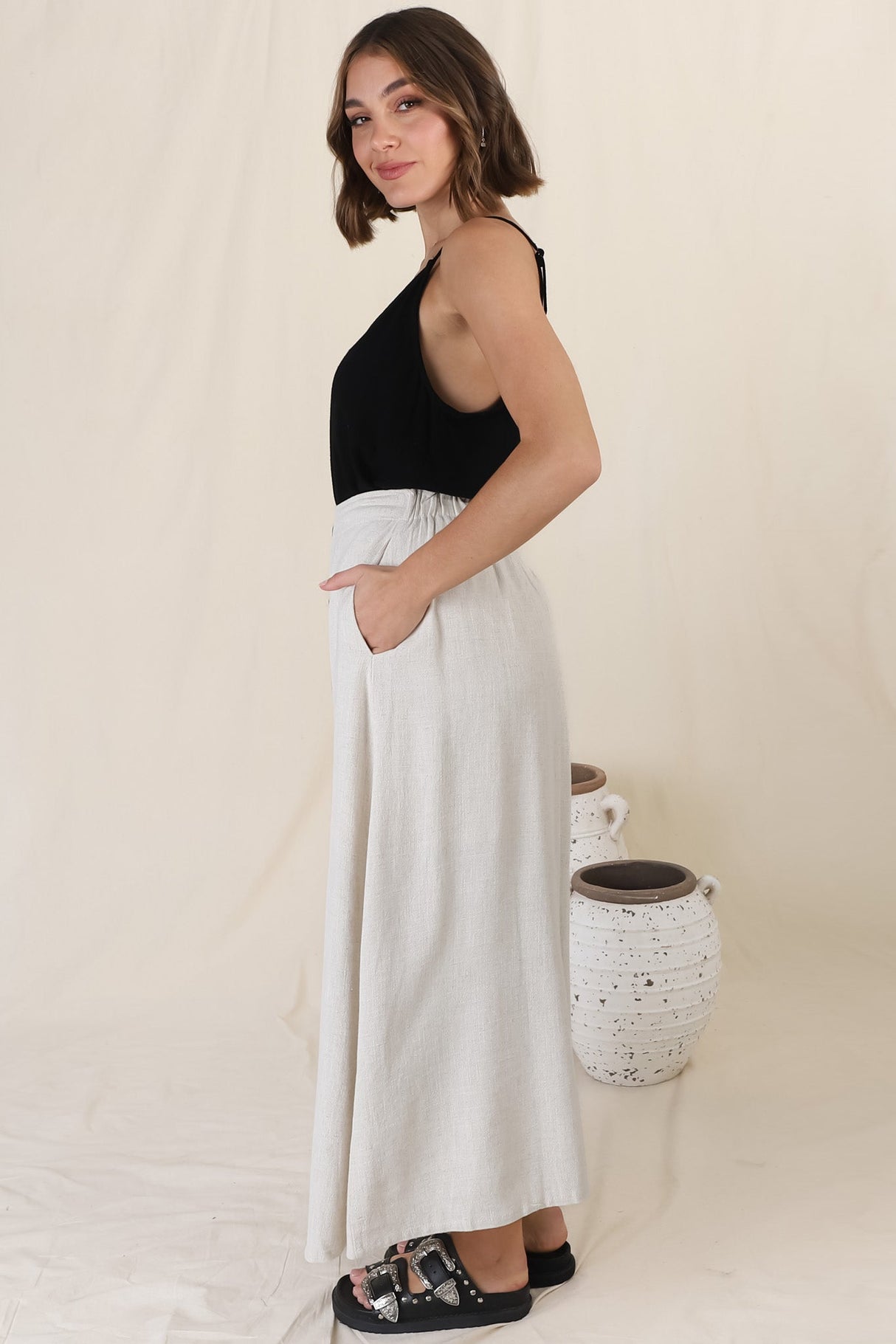 Murphy Midi Skirt - High Waisted Button Decal A-Line Skirt in Oat