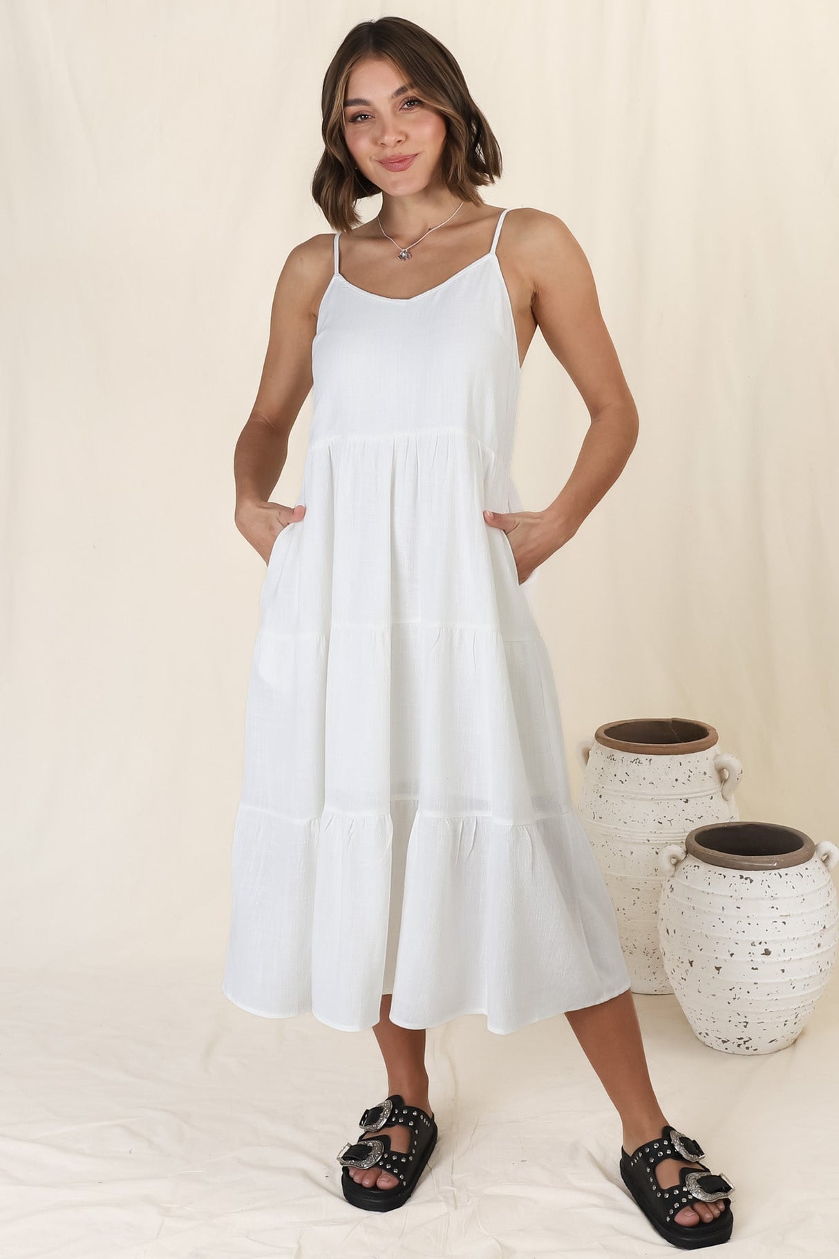 Arlowe Midi Dress - Soft V Neckline Tiered Linen Sun Dress in White