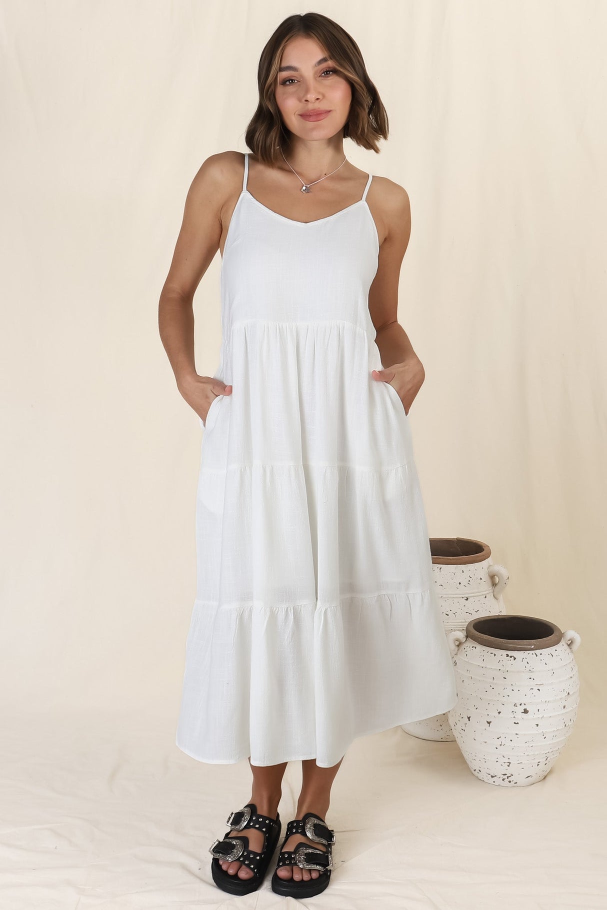 Arlowe Midi Dress - Soft V Neckline Tiered Linen Sun Dress in White
