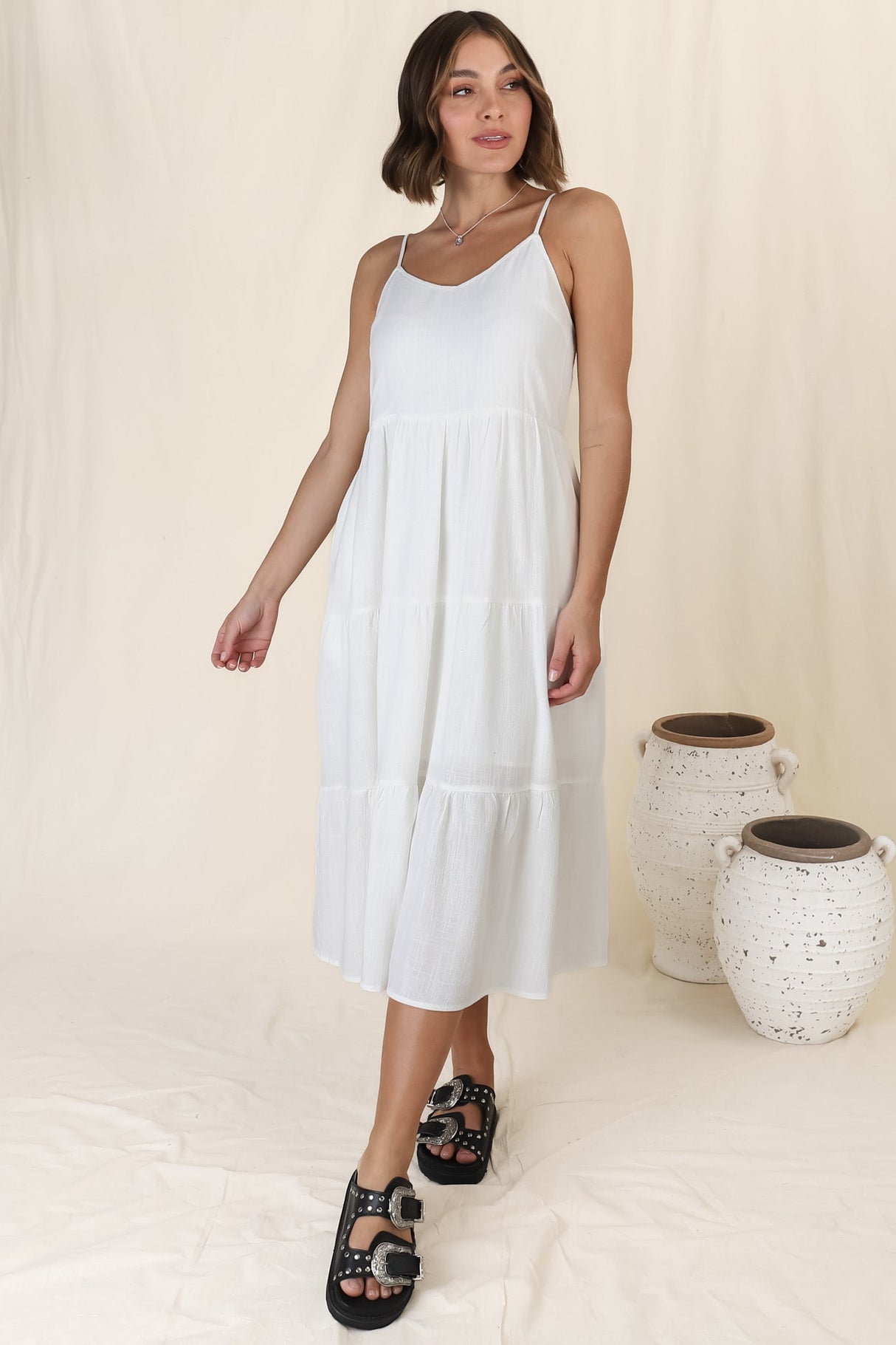 Arlowe Midi Dress - Soft V Neckline Tiered Linen Sun Dress in White