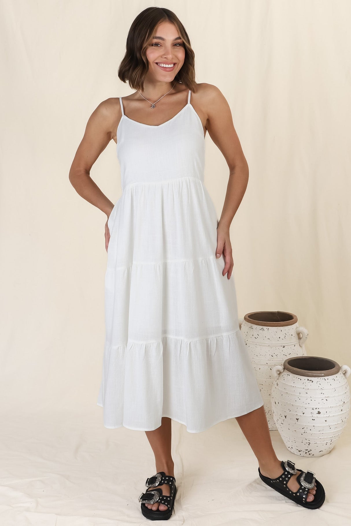 Arlowe Midi Dress - Soft V Neckline Tiered Linen Sun Dress in White