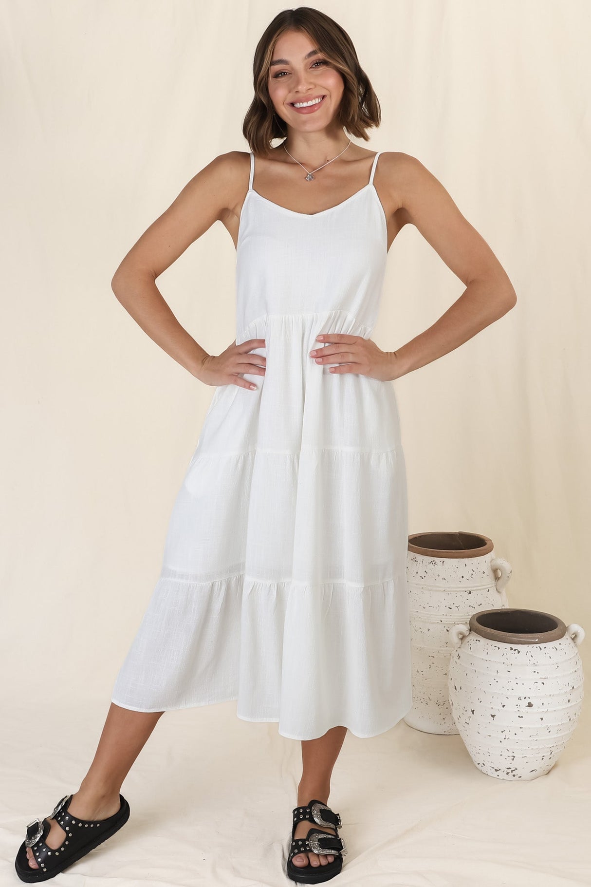Arlowe Midi Dress - Soft V Neckline Tiered Linen Sun Dress in White