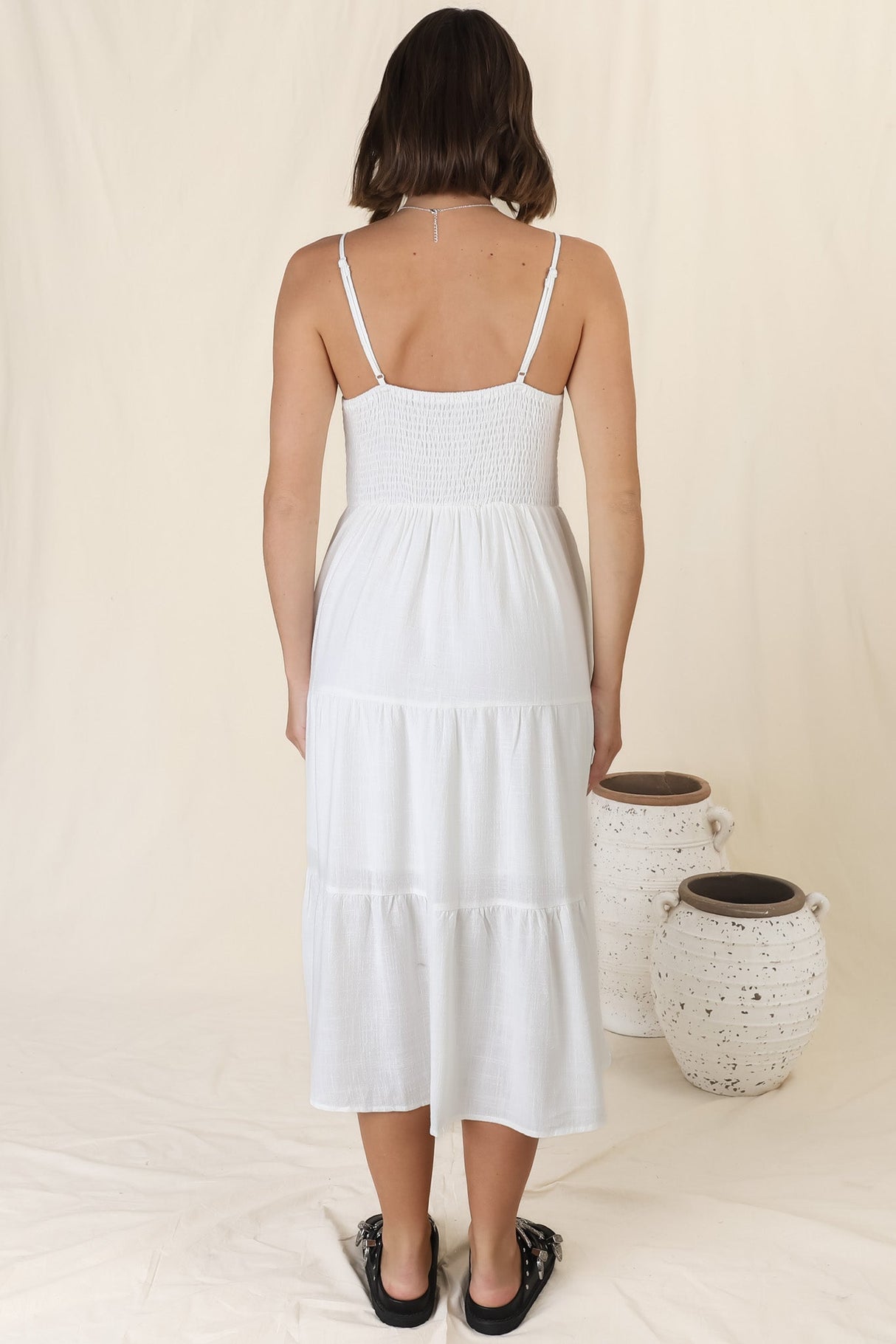 Arlowe Midi Dress - Soft V Neckline Tiered Linen Sun Dress in White
