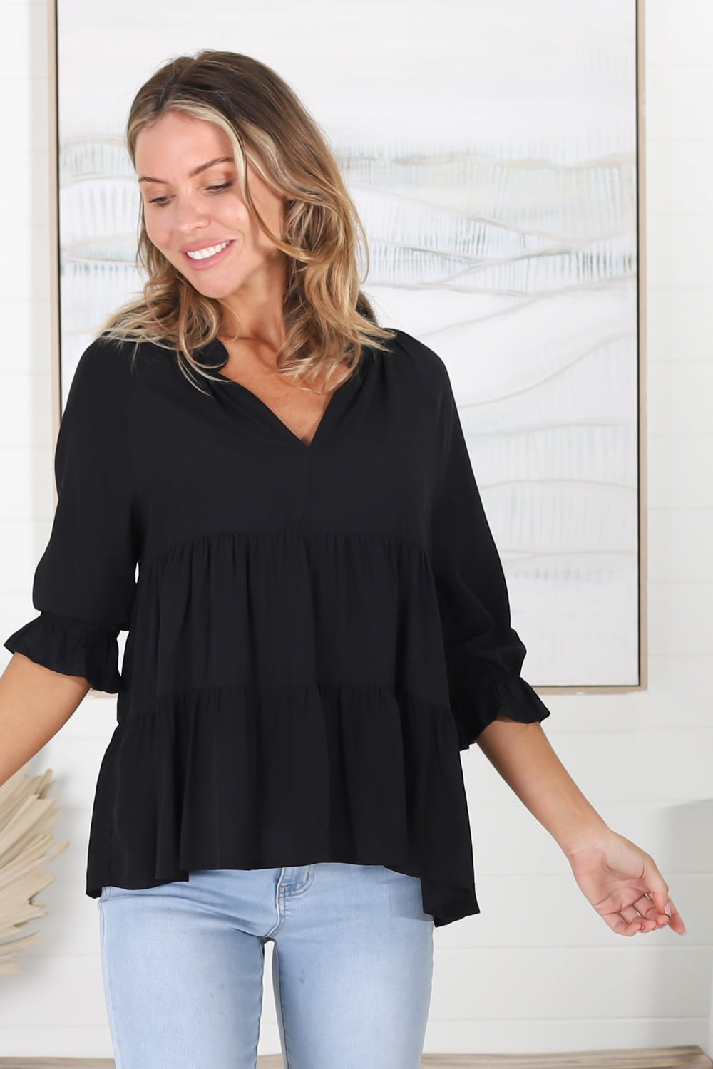 Greta Top - Mandarin Collar Smock Top Black